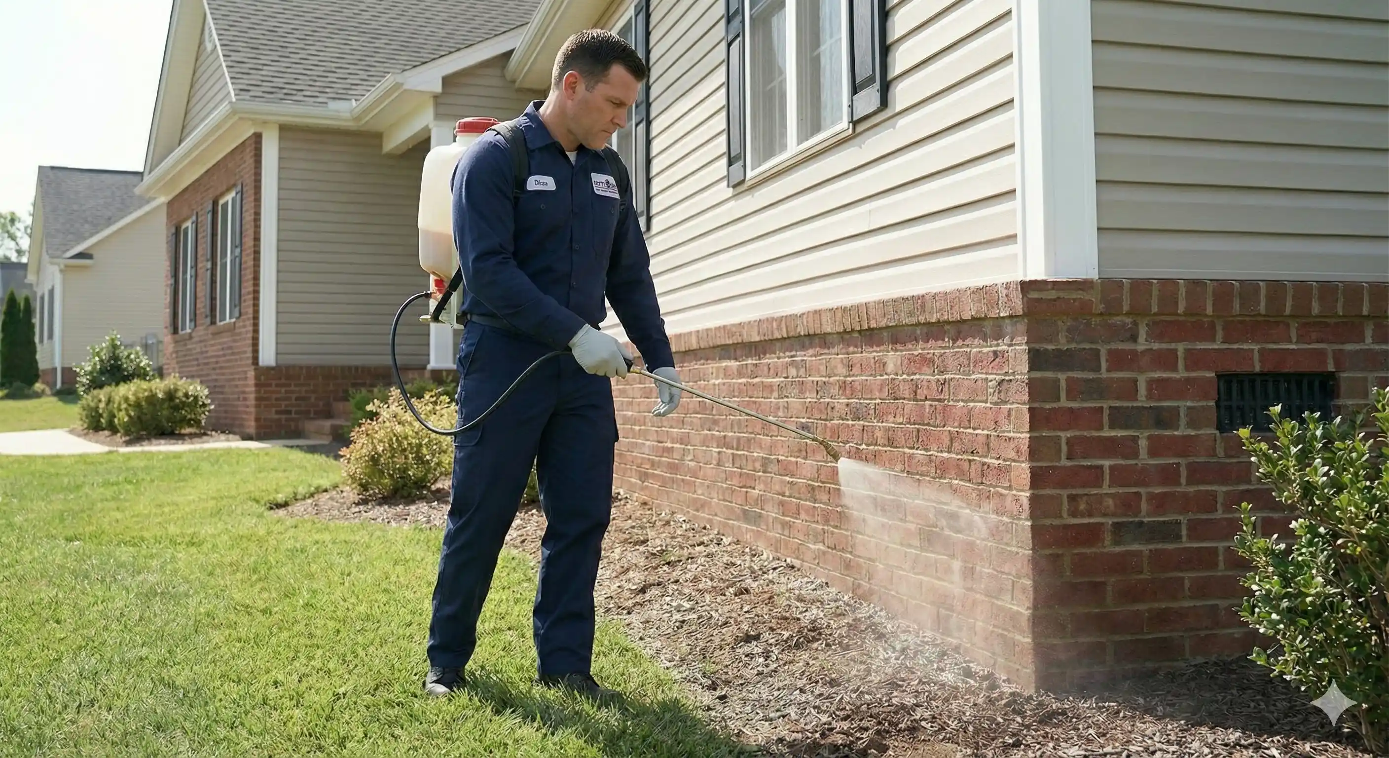 Technician applying exterior barrier treatment around home foundation to prevent cricket entry