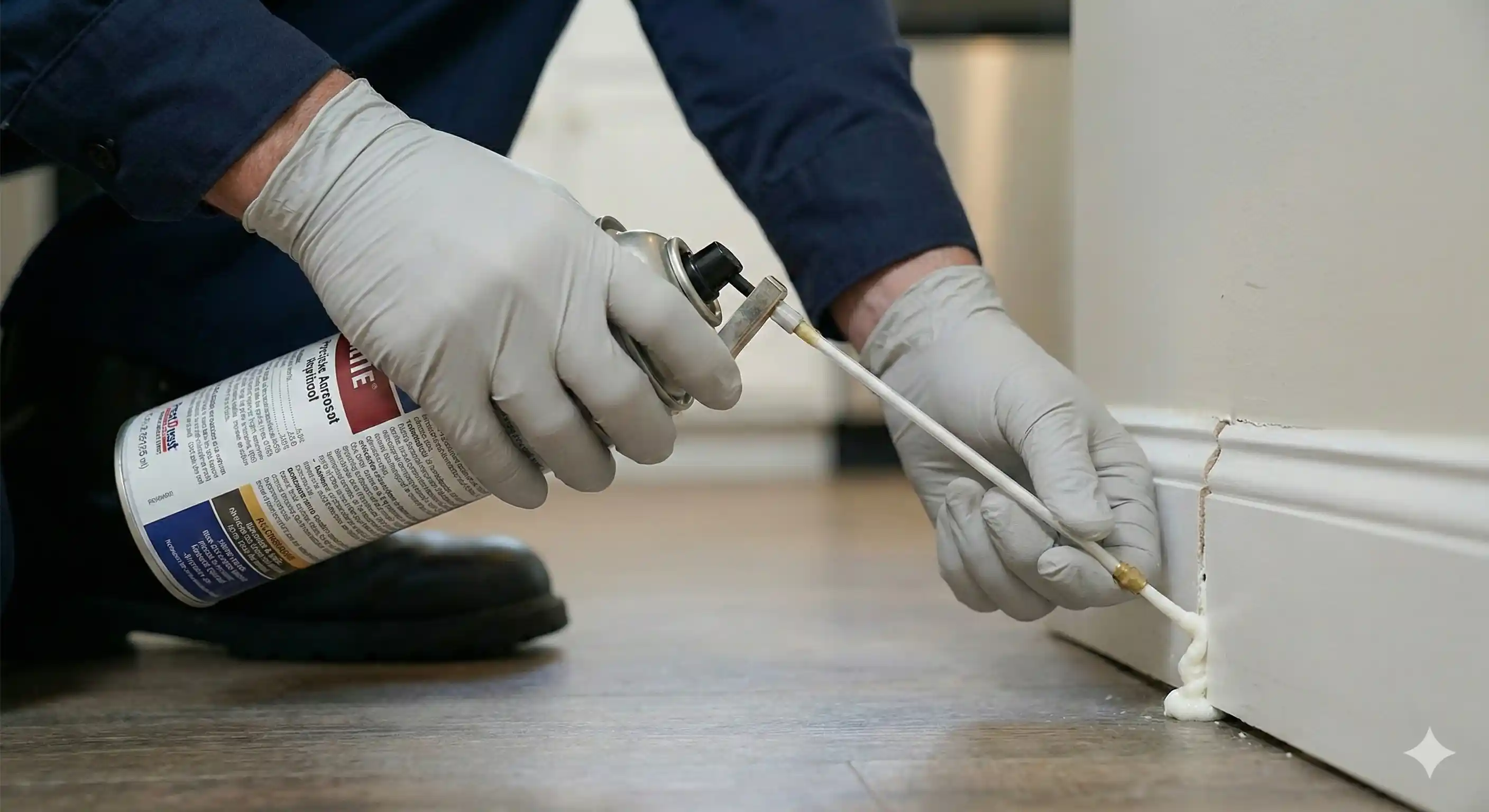 Technician applying precision treatment to cracks and crevices where crickets hide