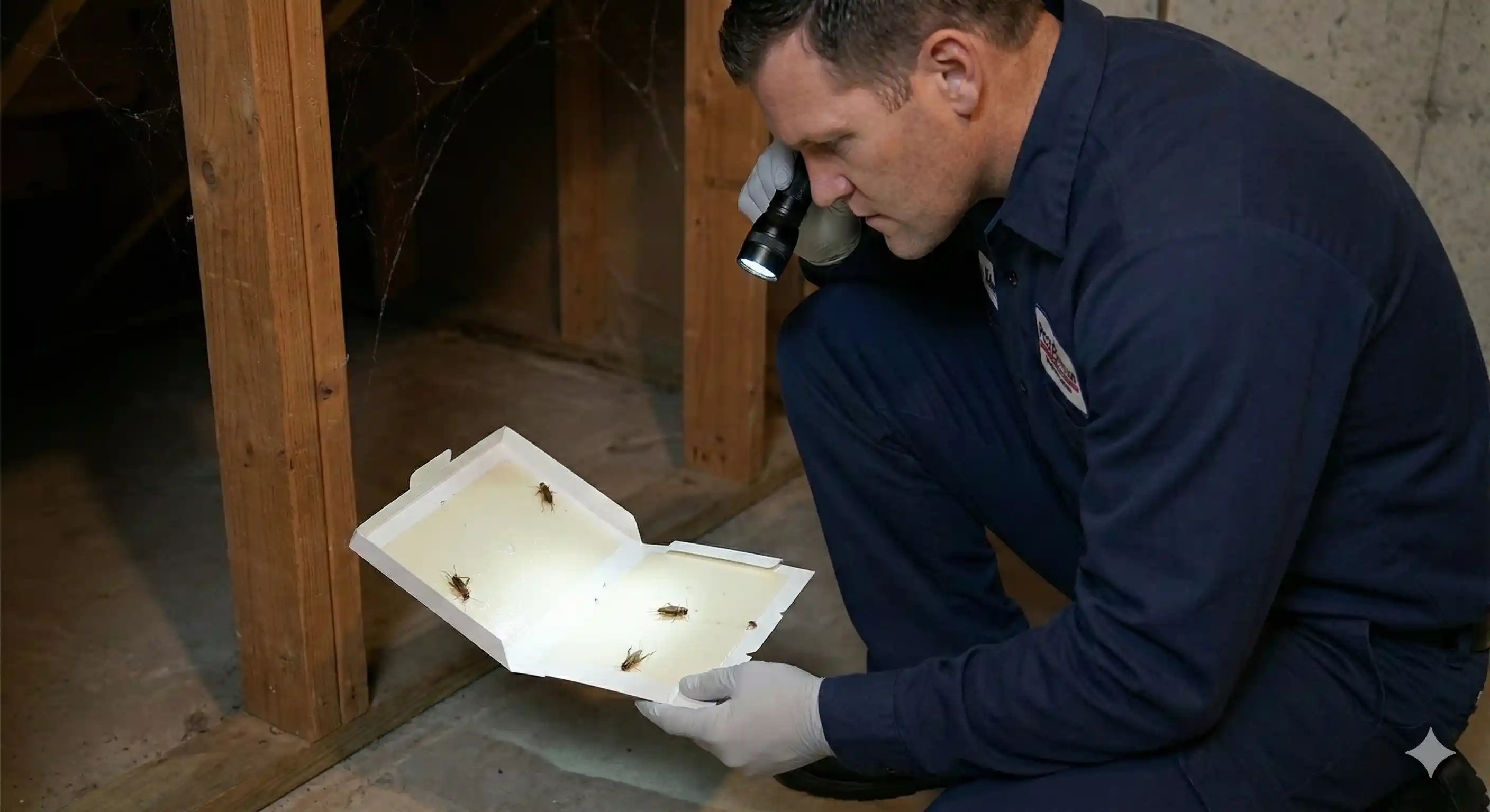 Professional placing sticky trap monitors along baseboard for cricket surveillance