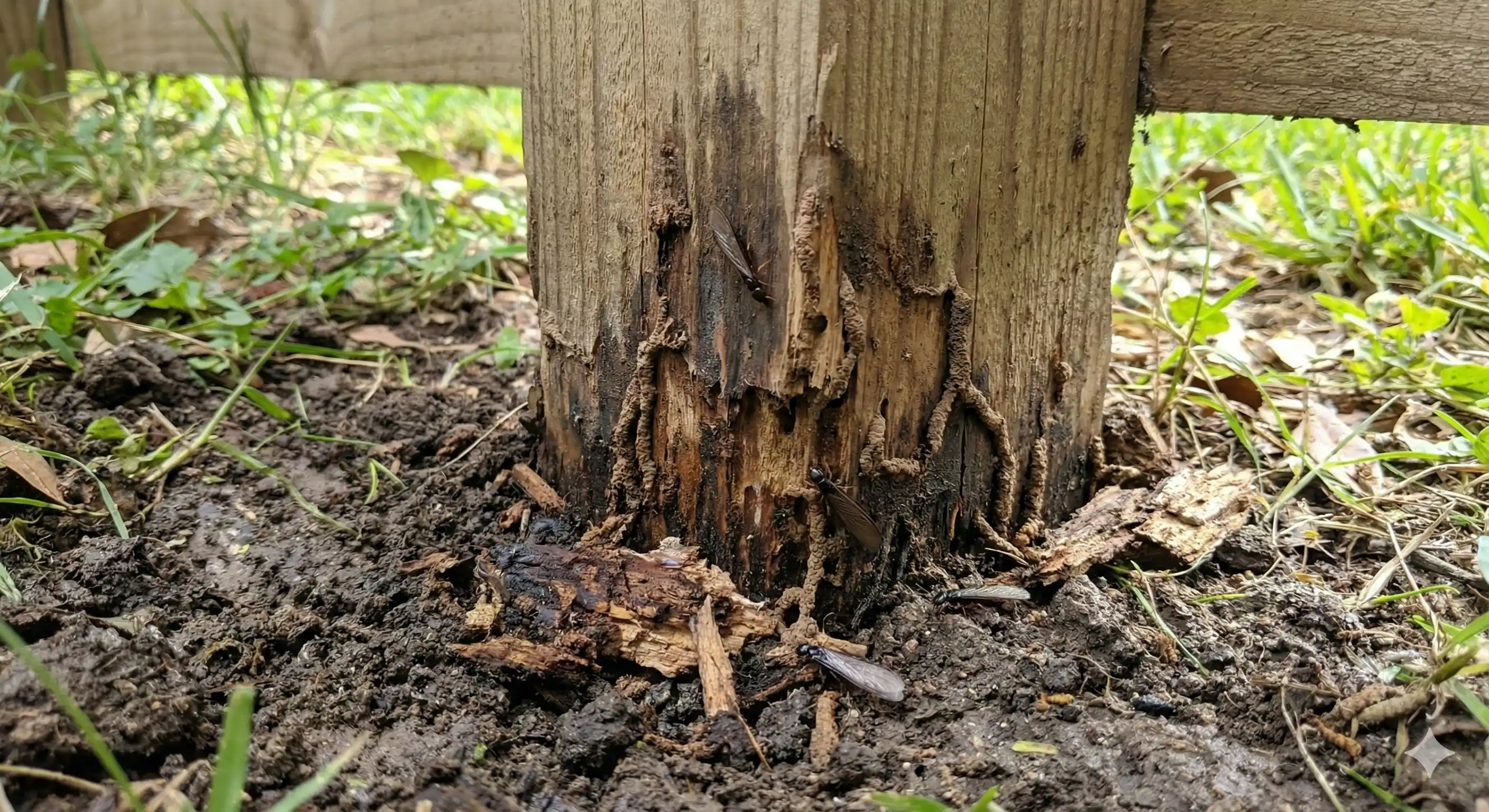 Wood post in direct ground contact providing dampwood termite access