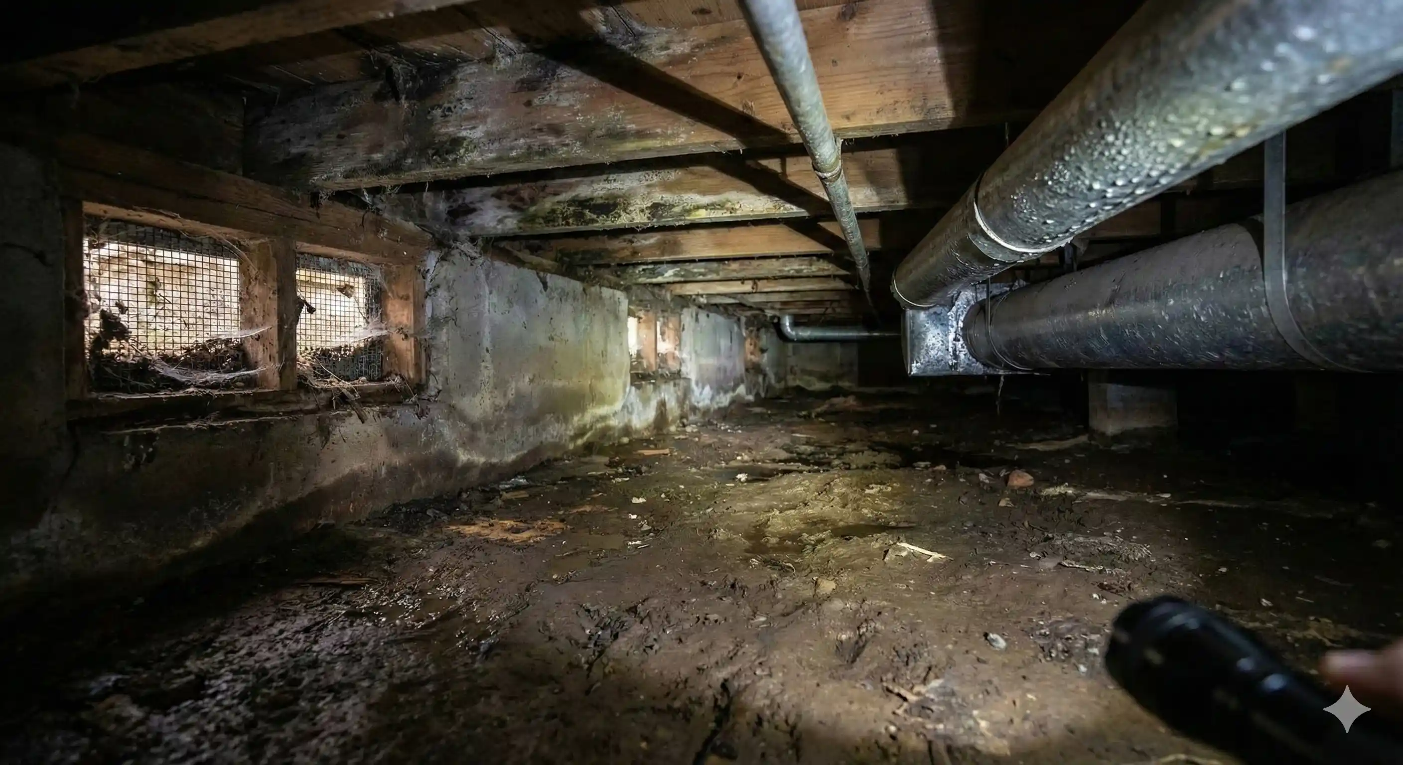 Poorly ventilated crawlspace with elevated humidity levels