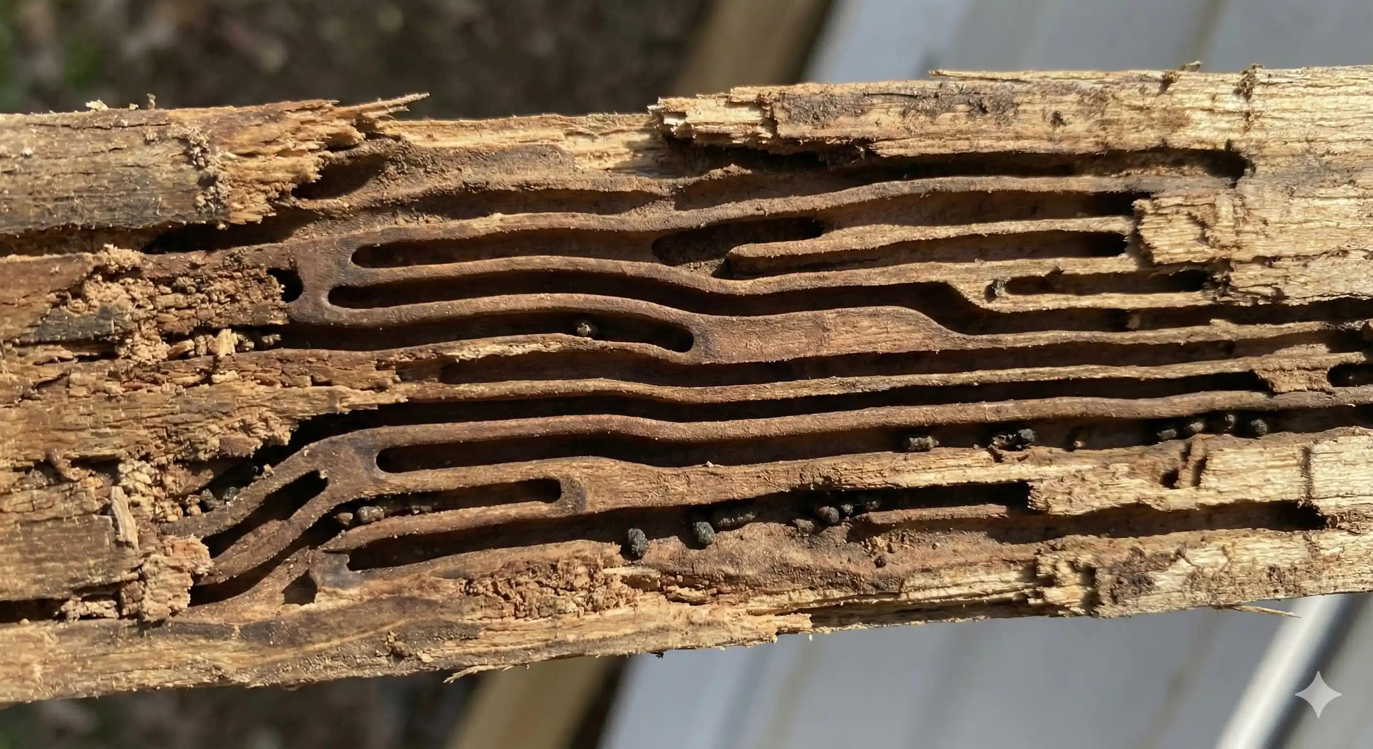 Smooth-walled dampwood termite galleries visible in damaged wood