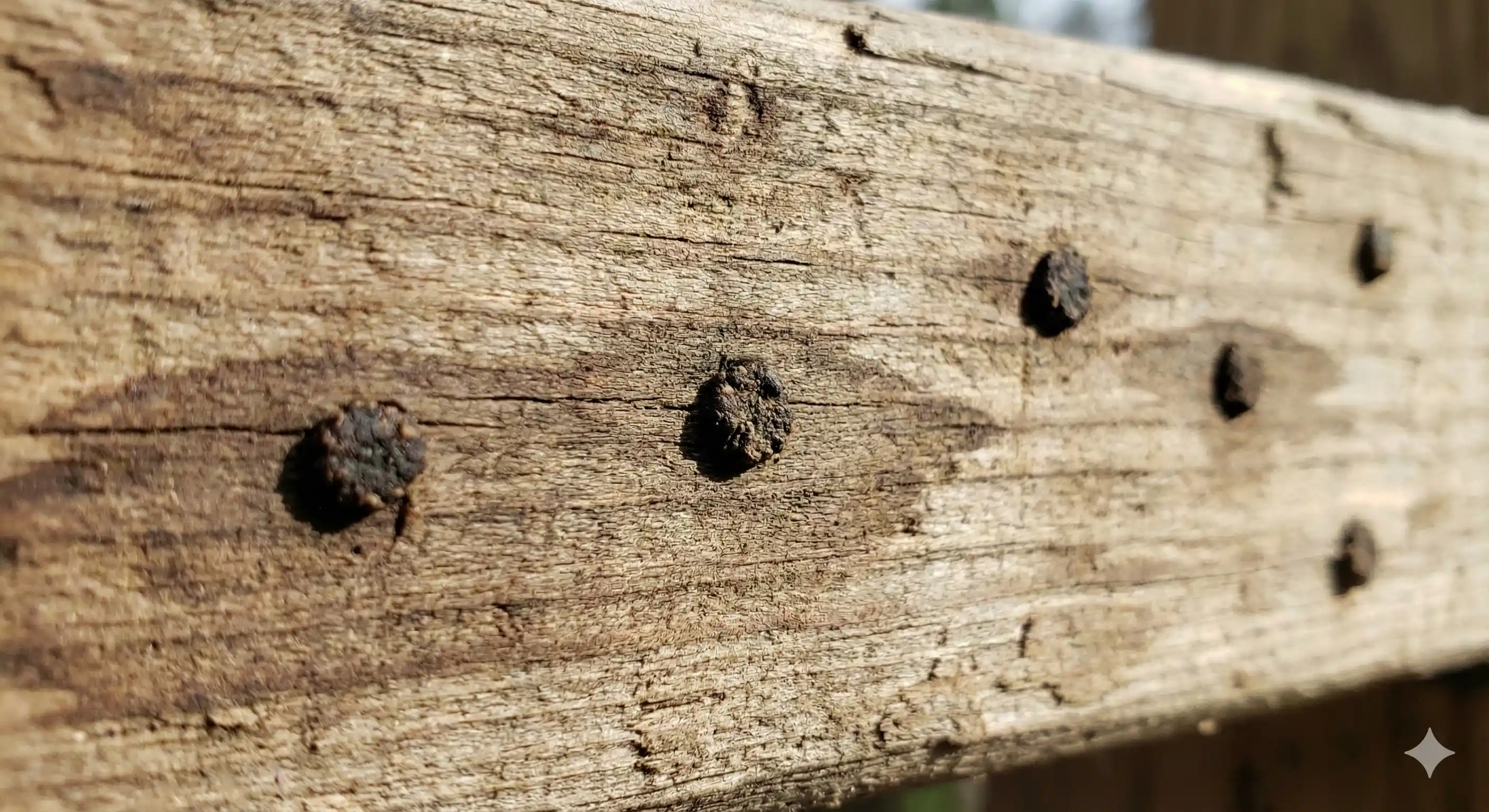 Sealed kick-out holes on wood surface indicating dampwood termite activity