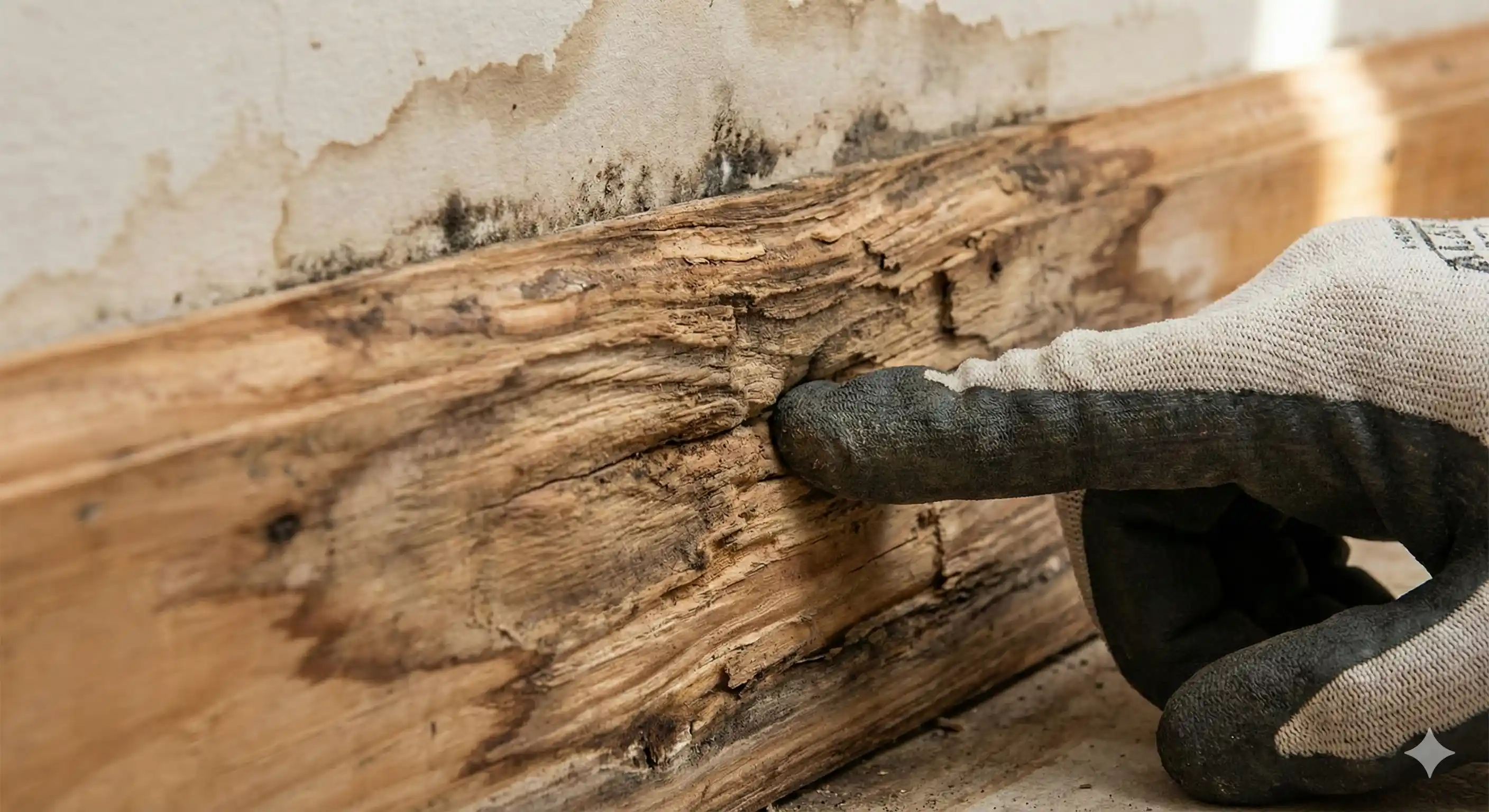 Water-damaged wood likely harboring dampwood termite colony