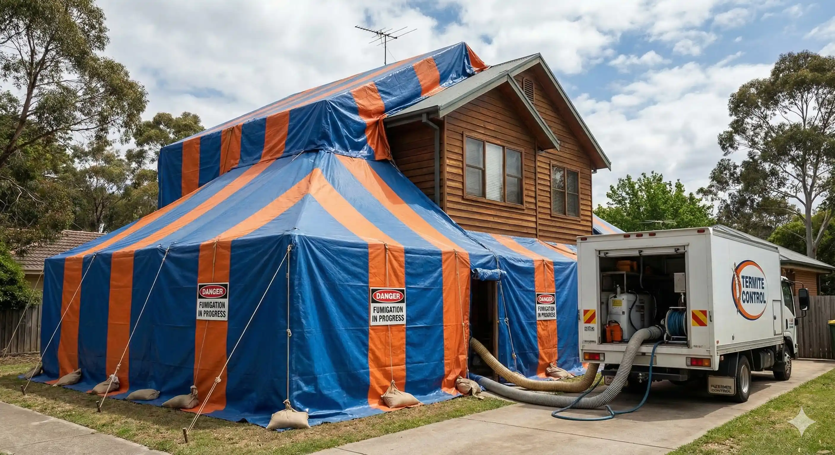 Structure prepared for fumigation treatment of severe dampwood termite infestation