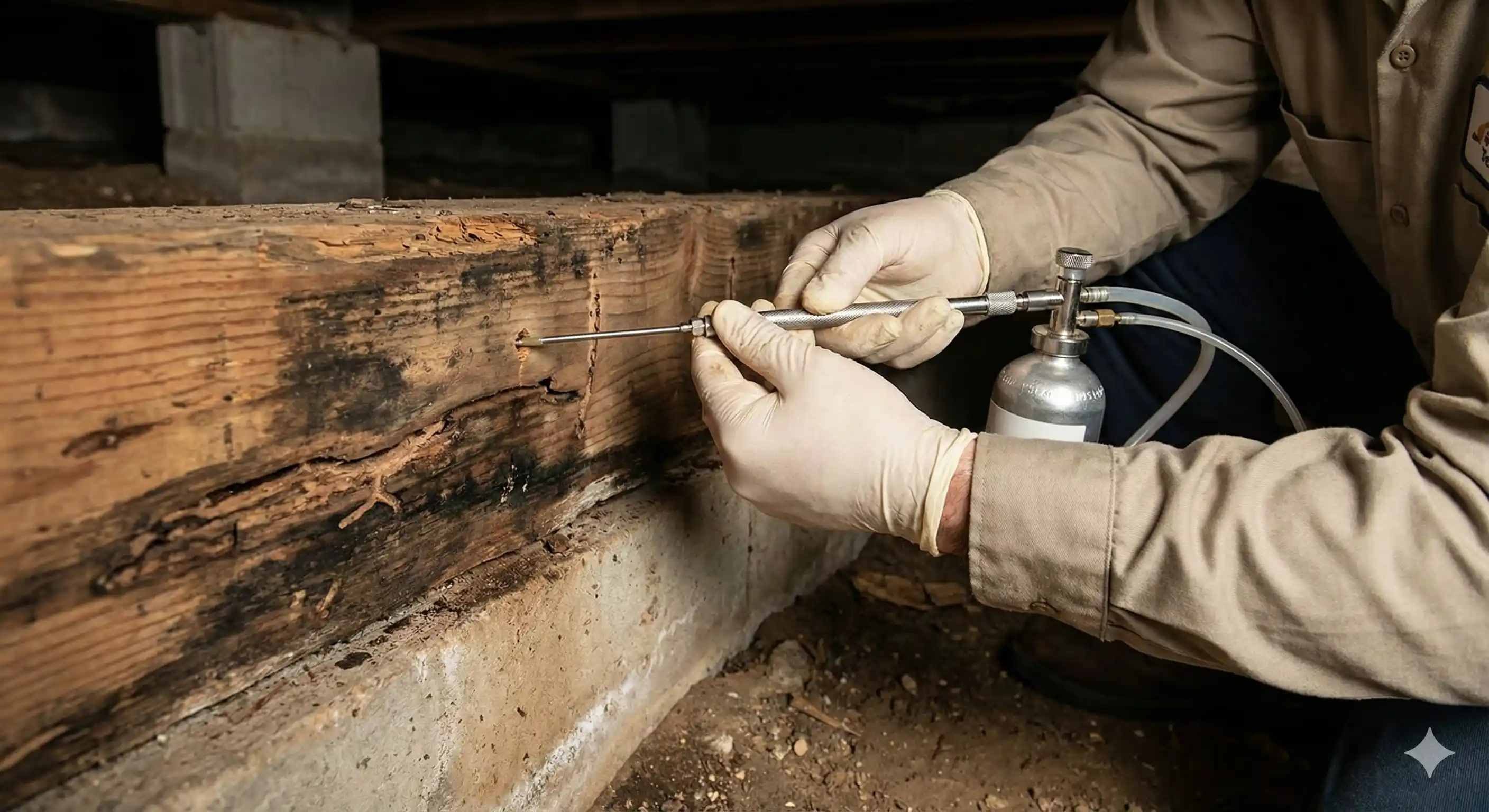 Technician using precision injection equipment to treat dampwood termite galleries