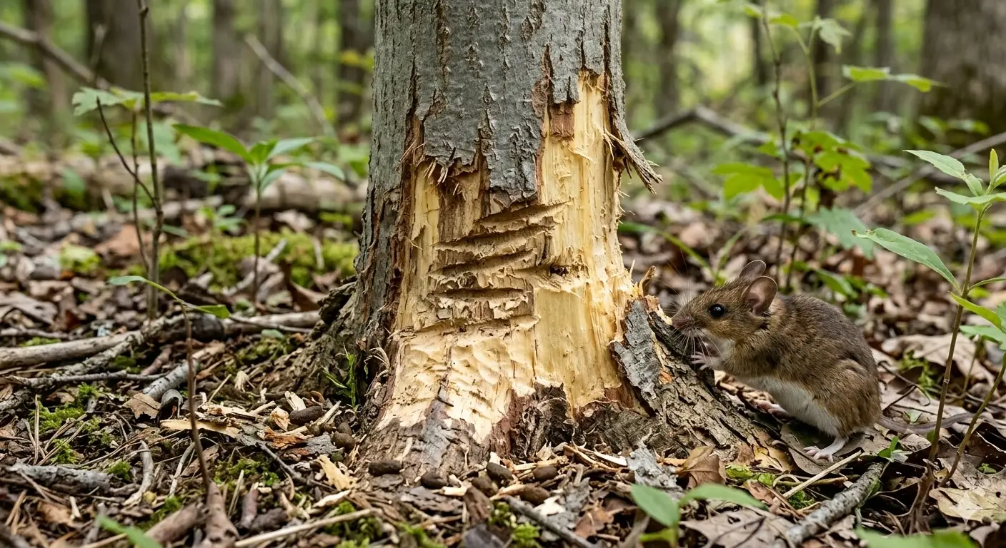Gnaw marks and bark stripping from deer mice activity