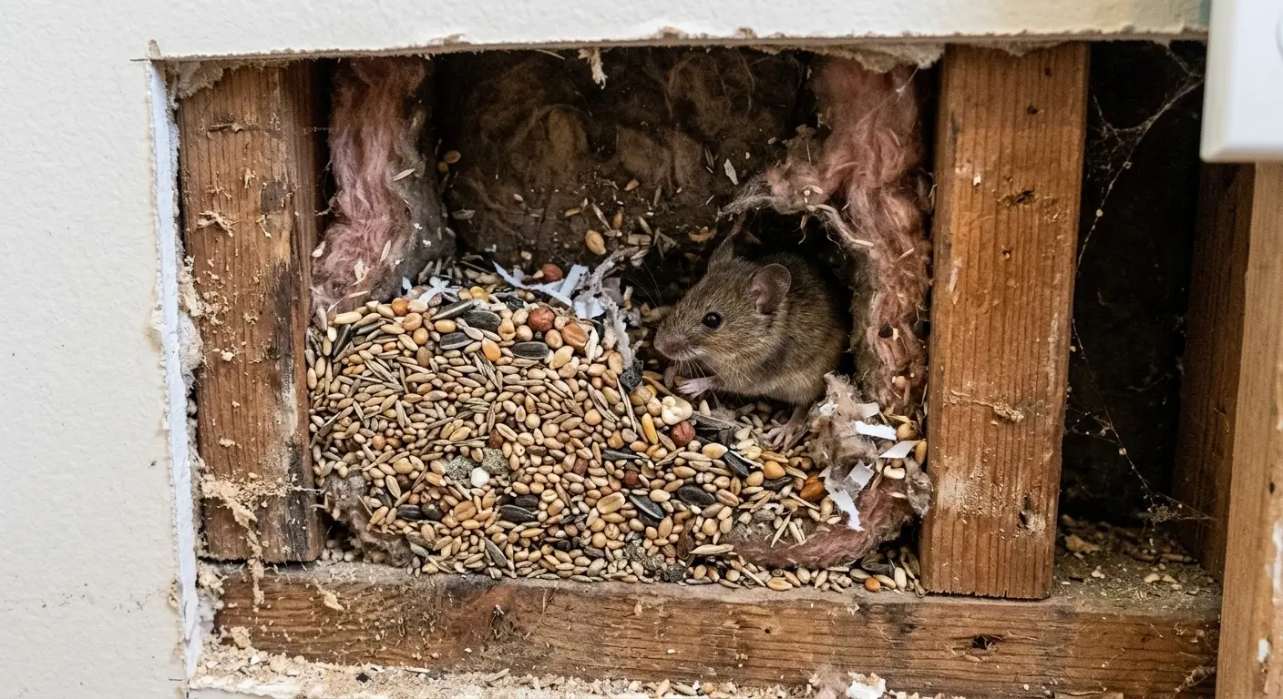 Hidden seed cache created by deer mice in wall void