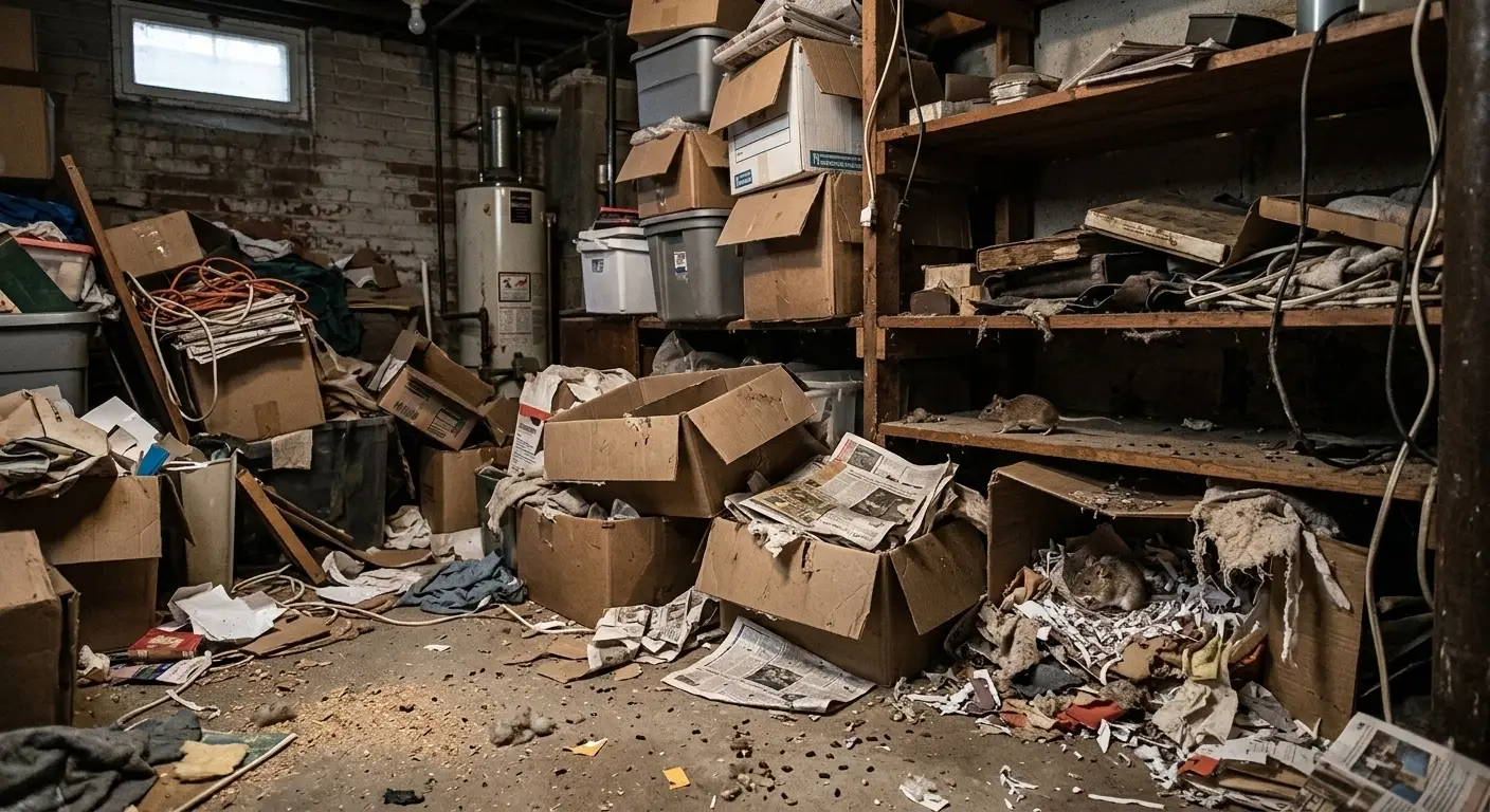 Cluttered storage area providing ideal deer mice nesting habitat