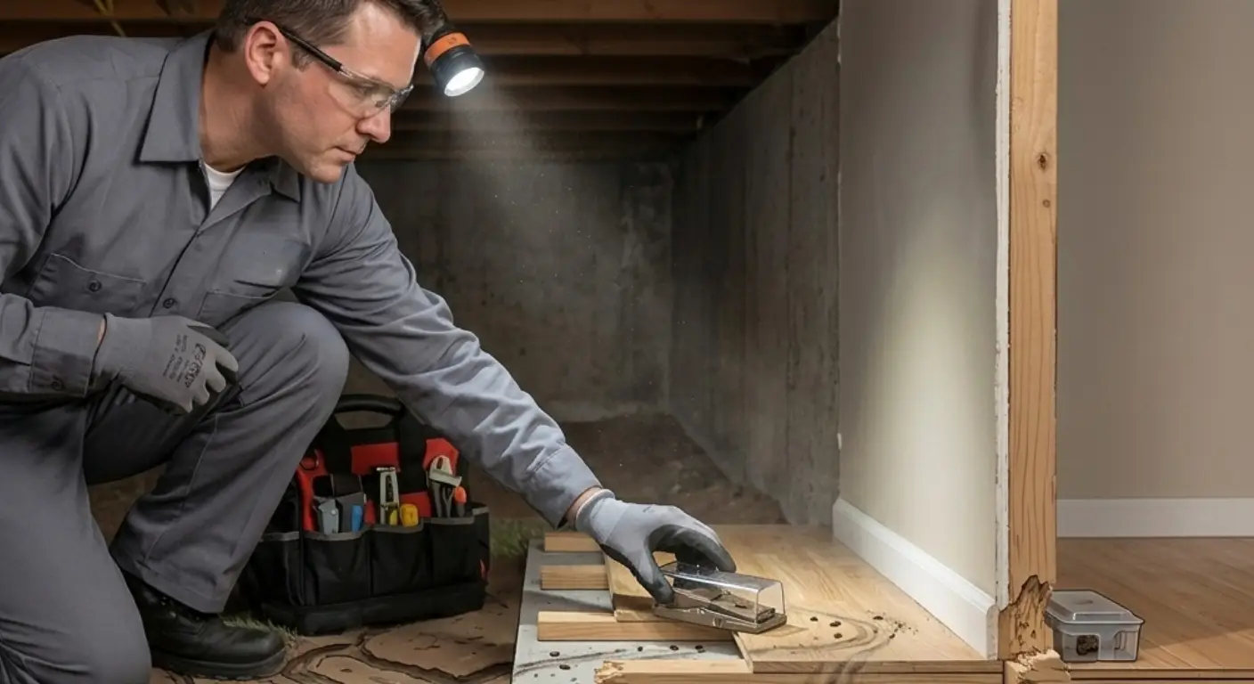 Technician placing strategic traps along deer mice travel routes