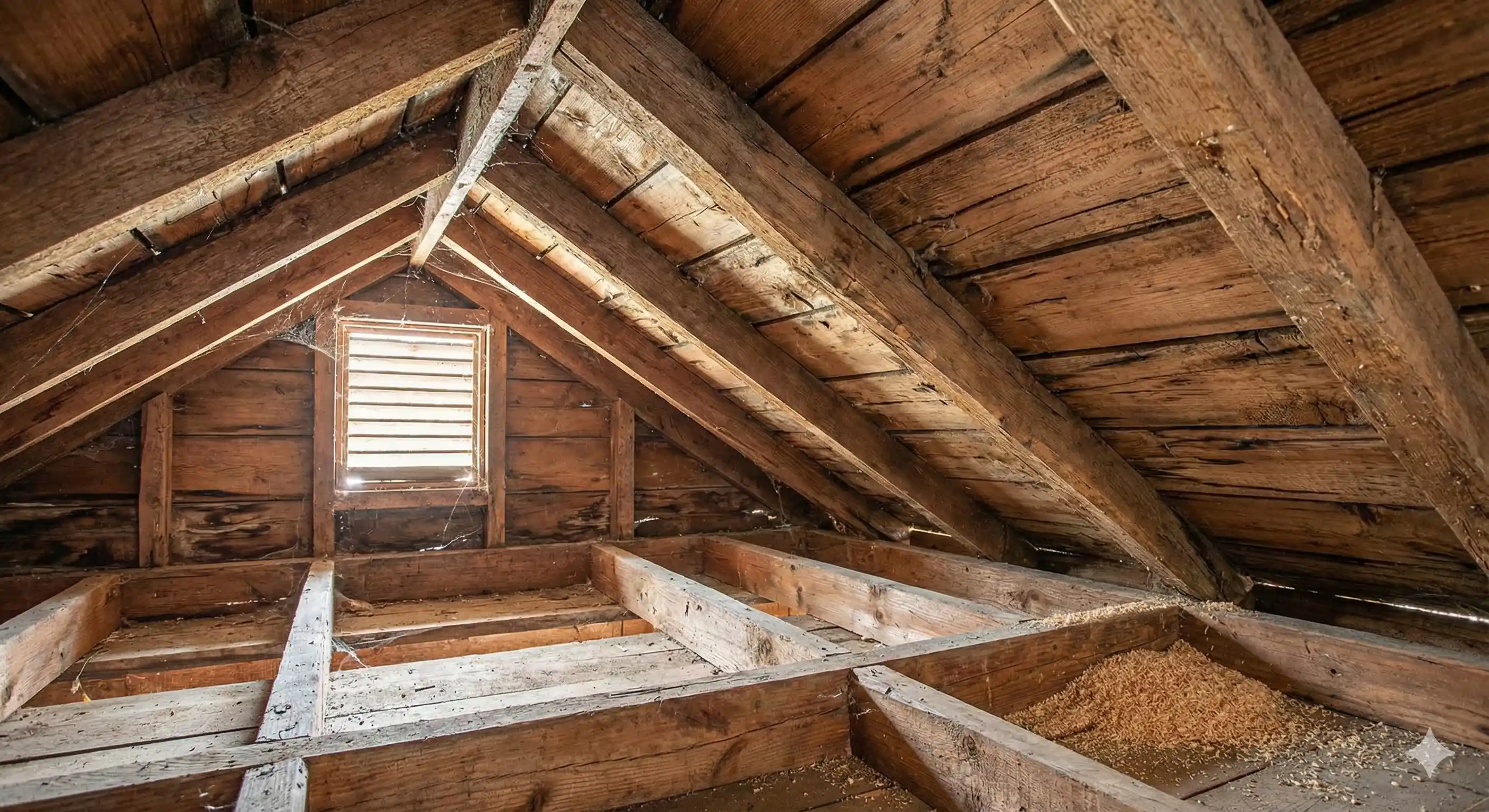 Exposed wooden eaves and attic area vulnerable to drywood termite infestation