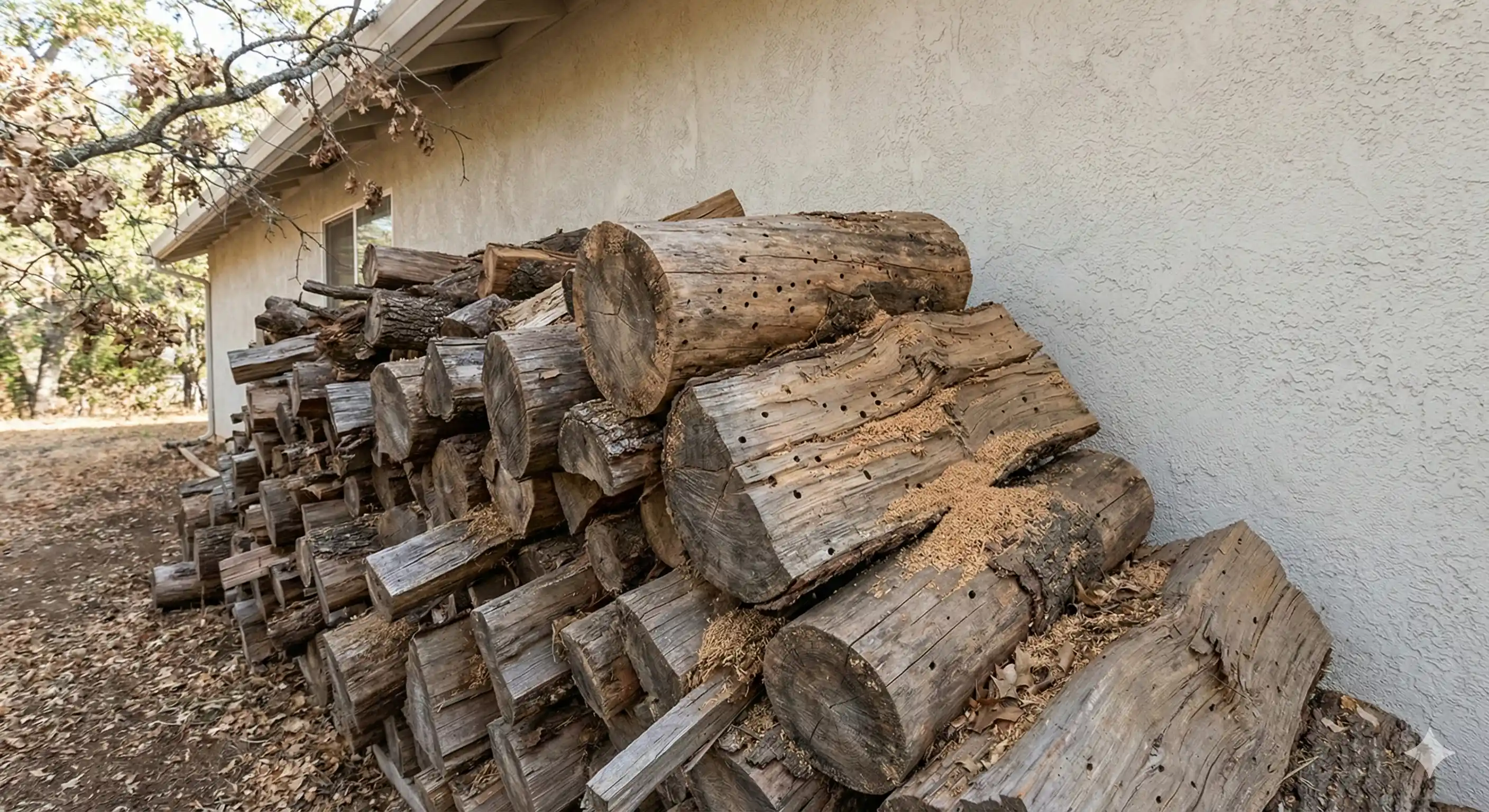 Woodpile and branches near home providing drywood termite access