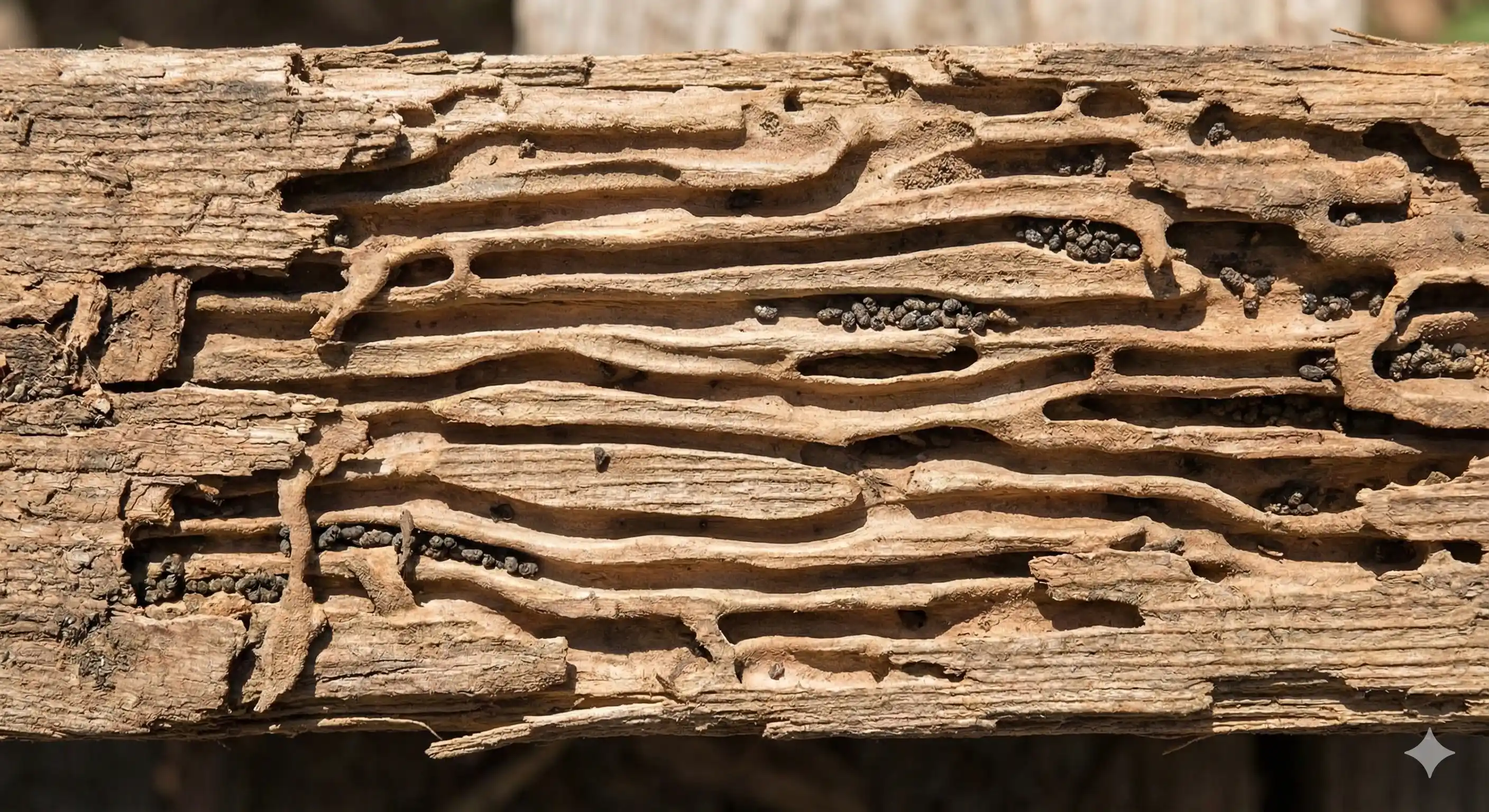 Clean smooth-walled drywood termite galleries exposed in damaged wood