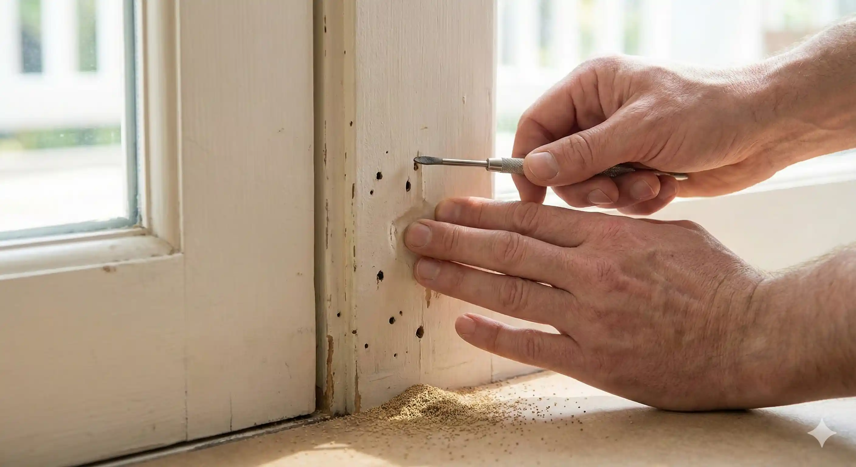 Testing wood for hollow sound indicating drywood termite damage