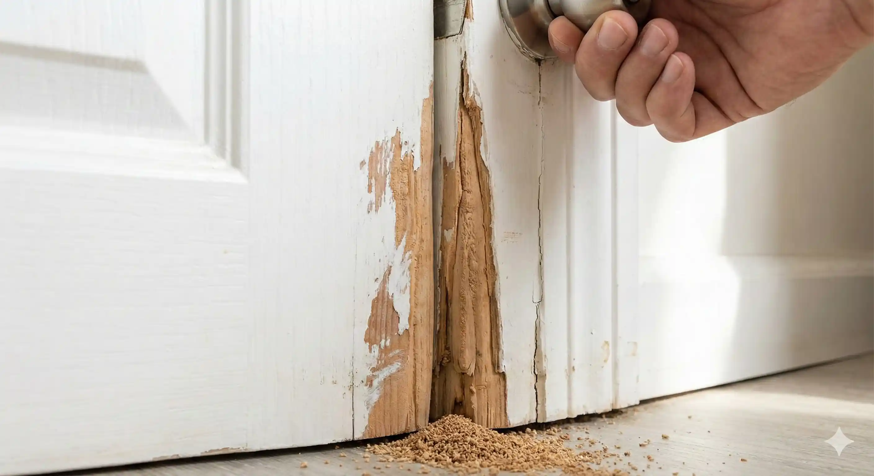 Door sticking due to drywood termite damage in frame