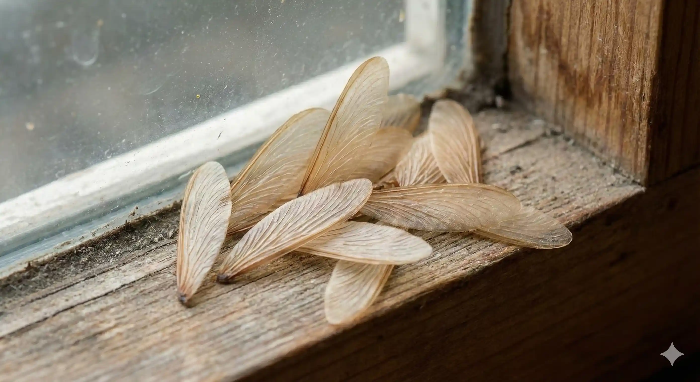 Discarded drywood termite wings near window indicating swarmer entry