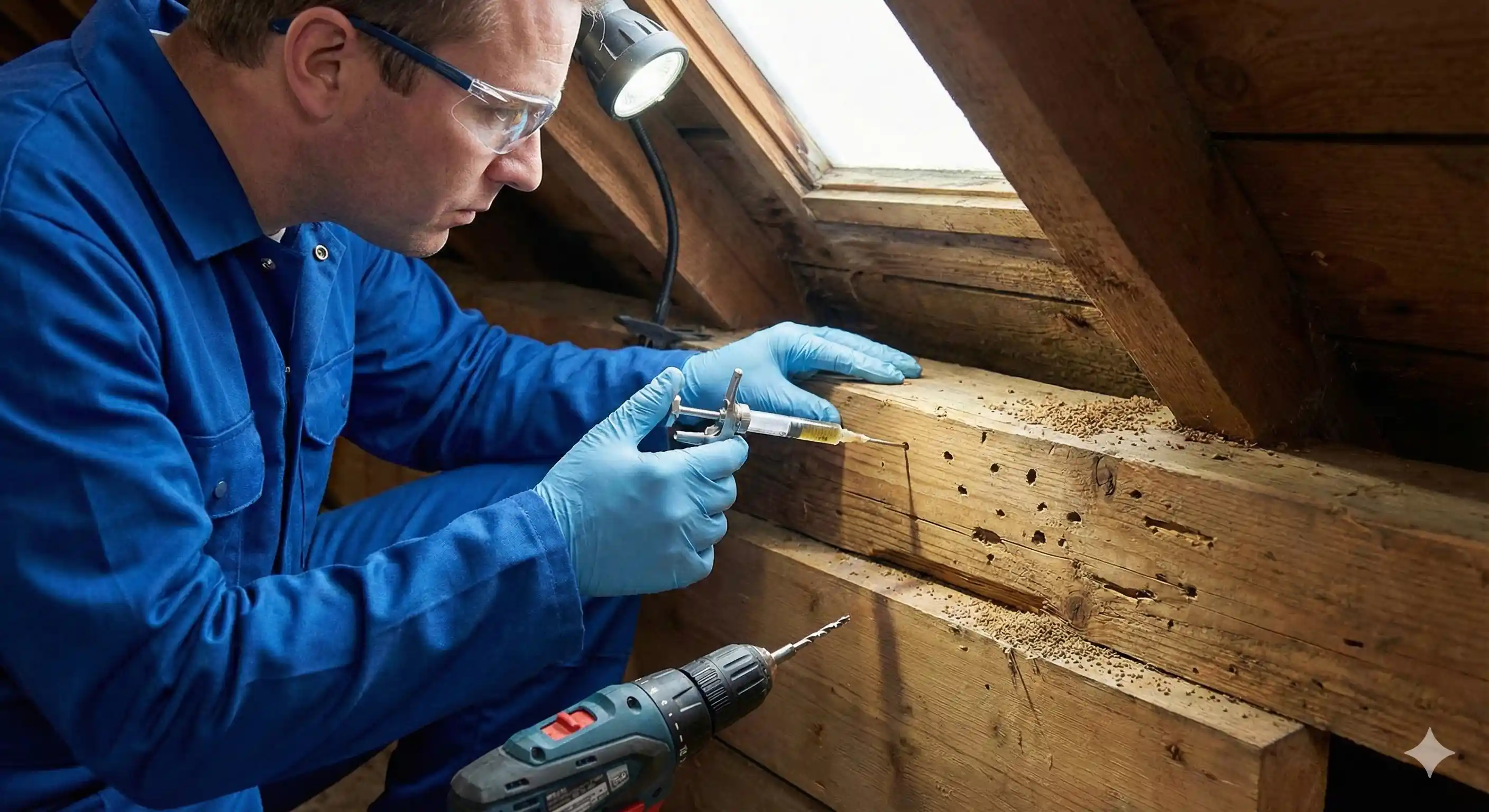 Technician performing precision termiticide injection into drywood termite galleries
