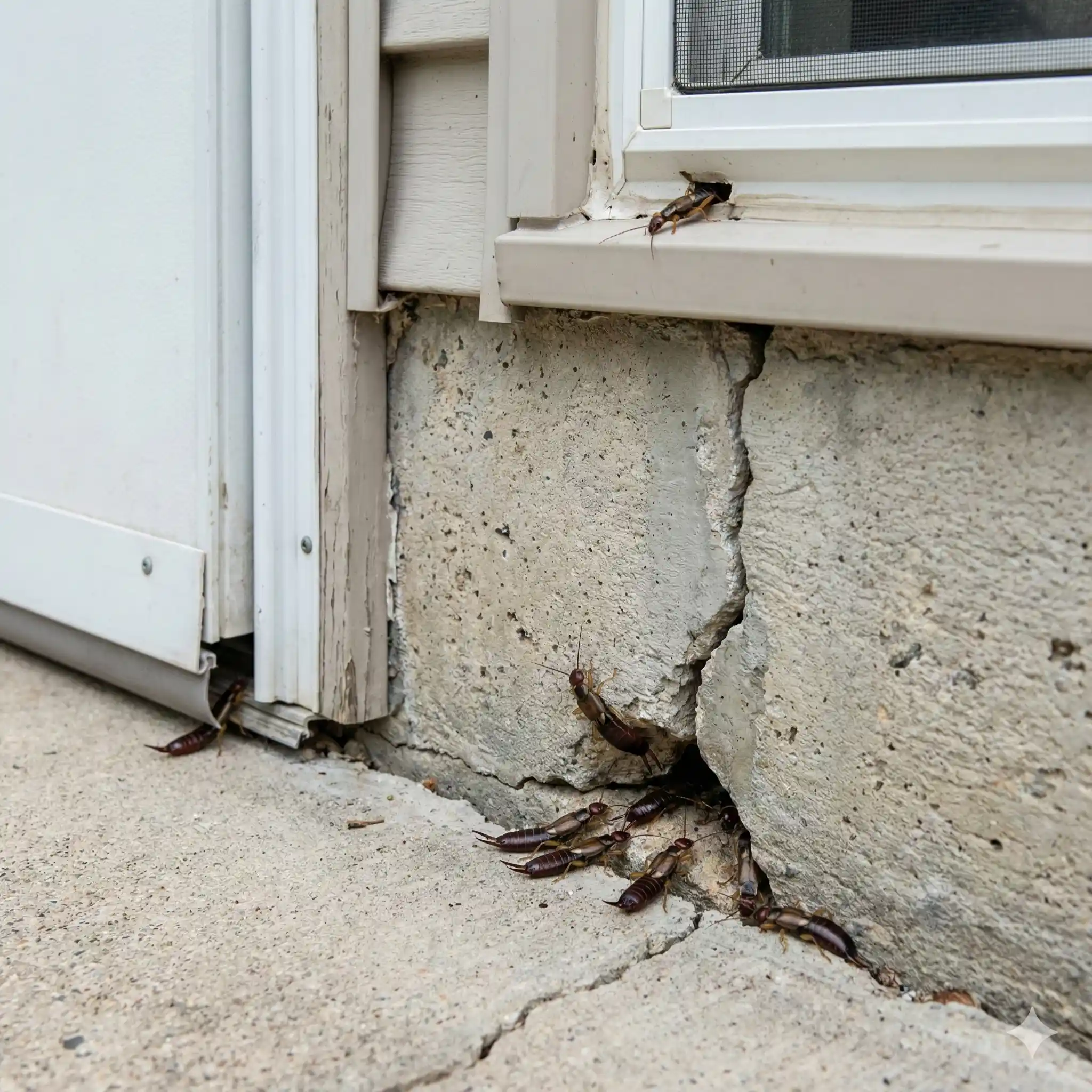 Foundation crack and door gap providing earwig entry points into home