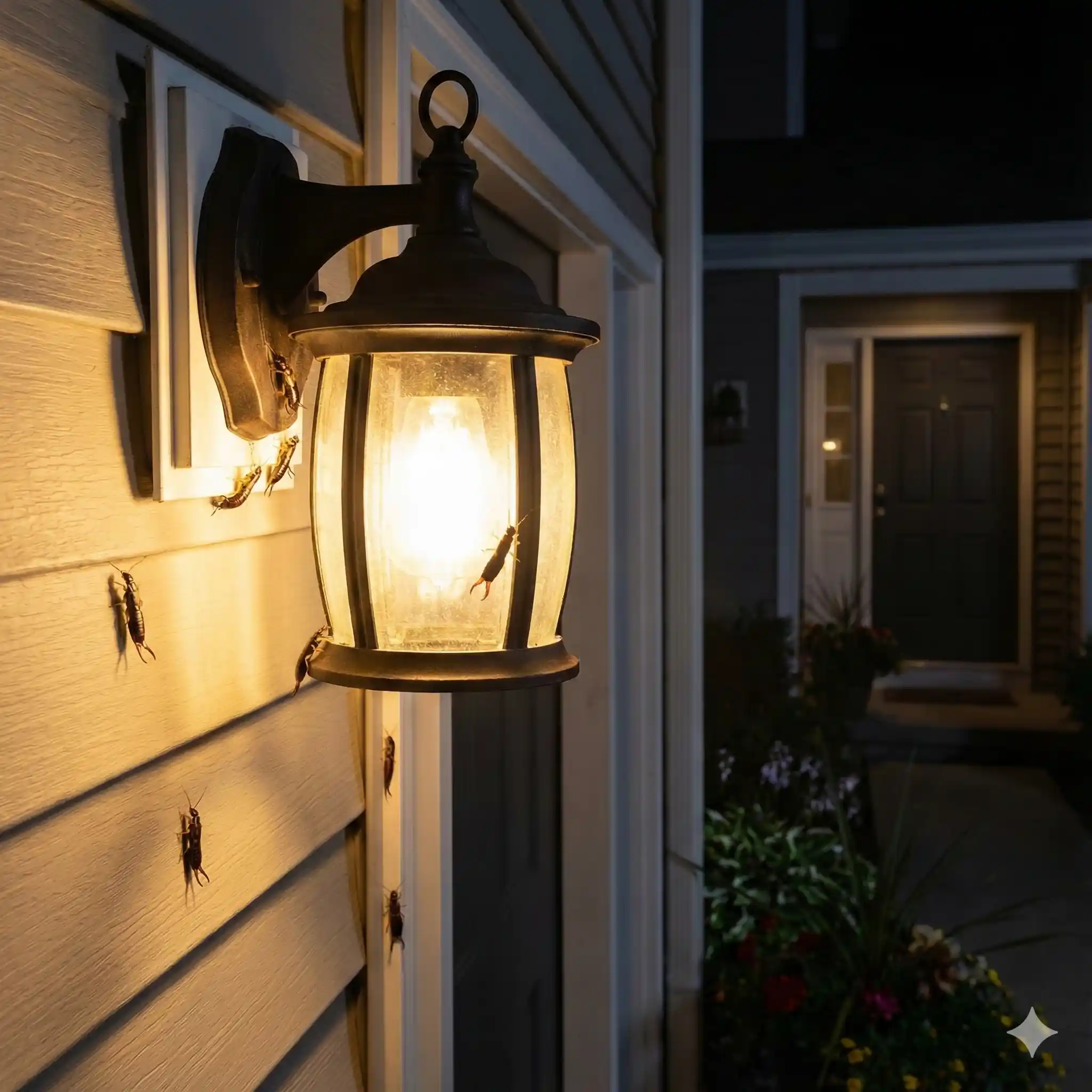 Exterior lights at night attracting earwigs toward home entrance and windows