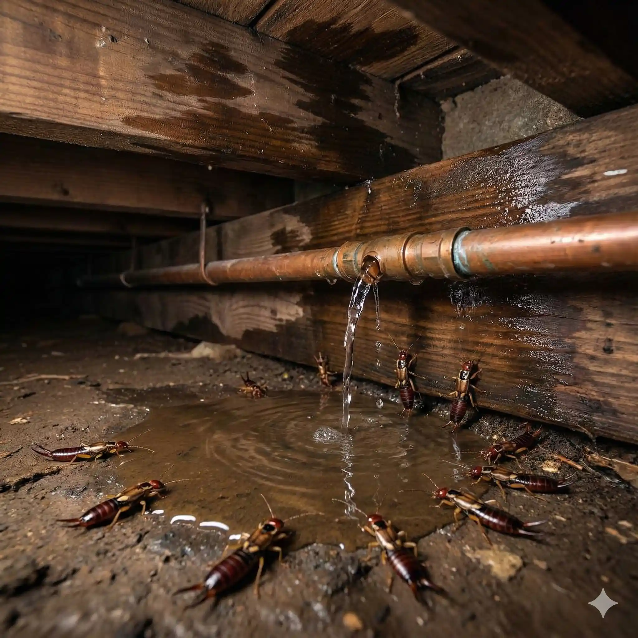 Damp basement or crawl space with moisture issues that attract earwigs