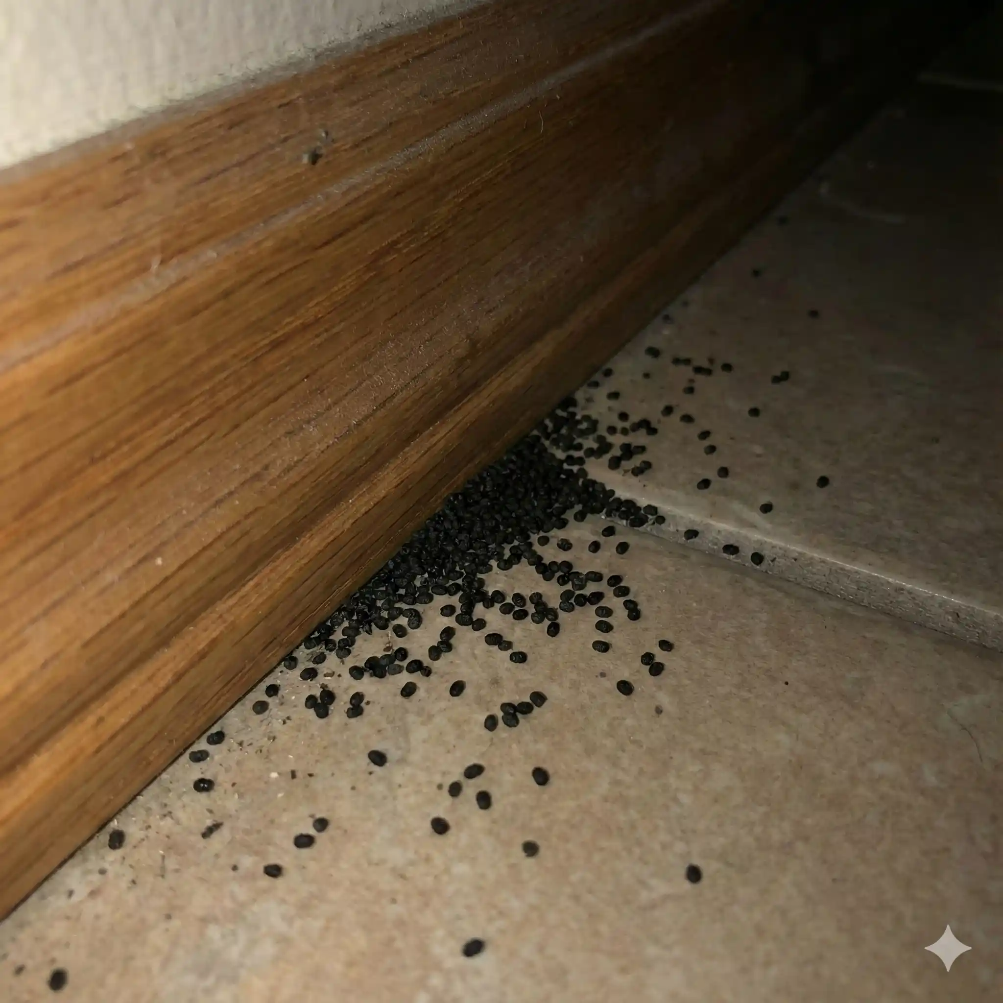Small dark earwig droppings found in corner or along baseboard
