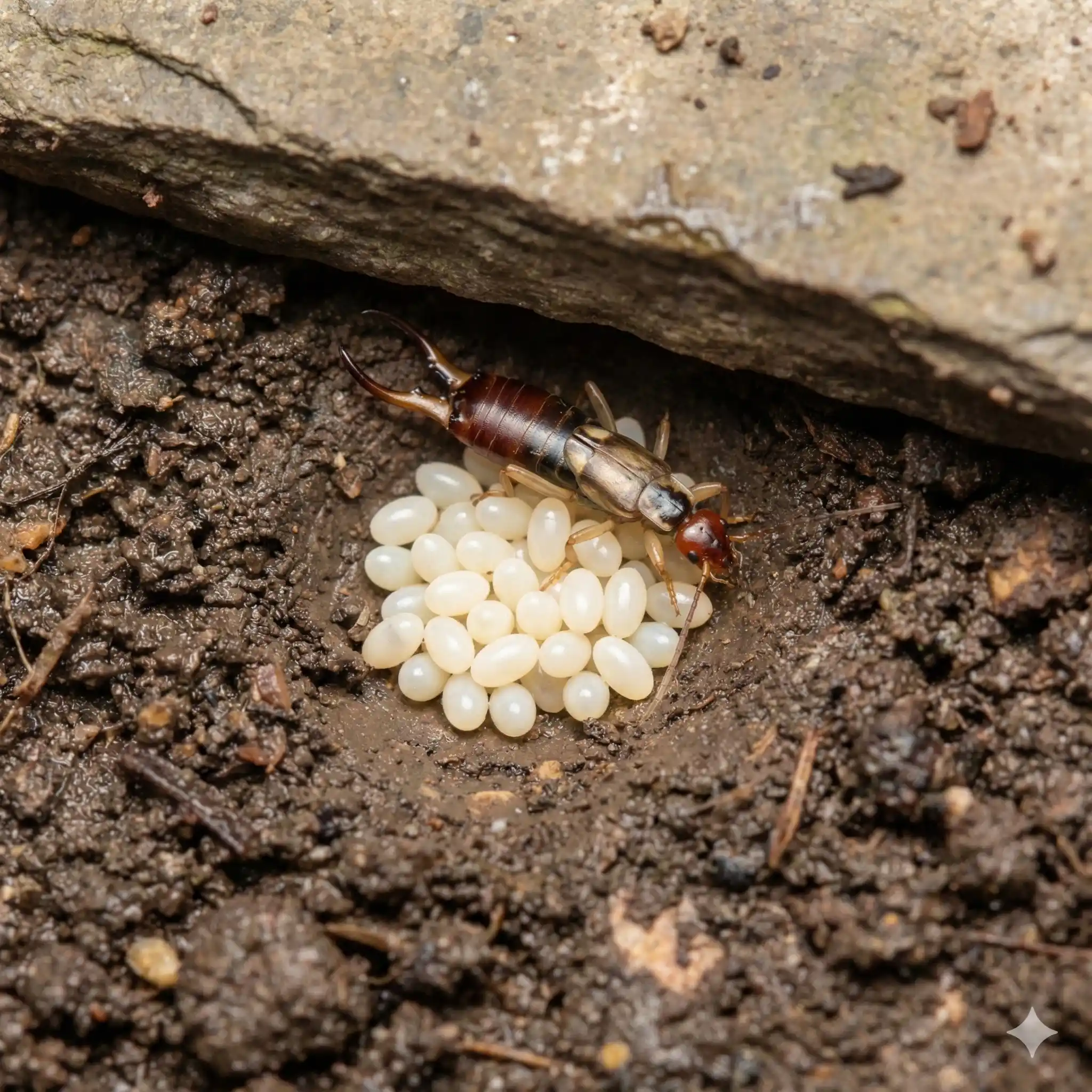 Cluster of pearly white earwig eggs in soil or under debris