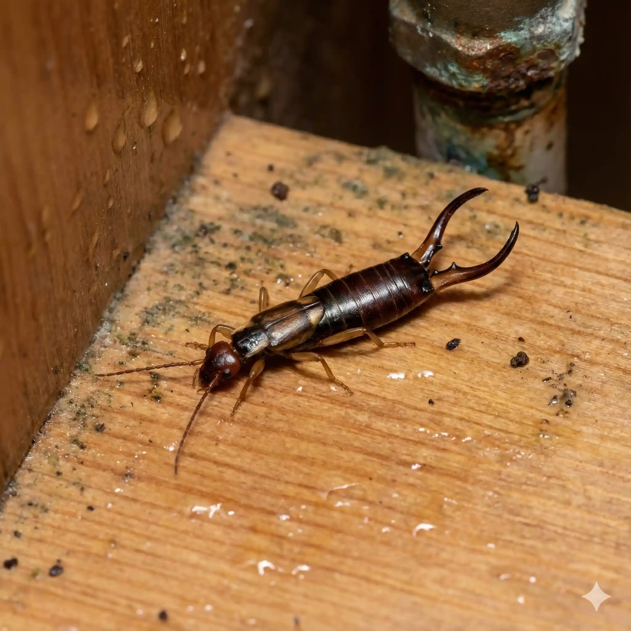 Live earwig with distinctive pincers found in damp bathroom or basement area