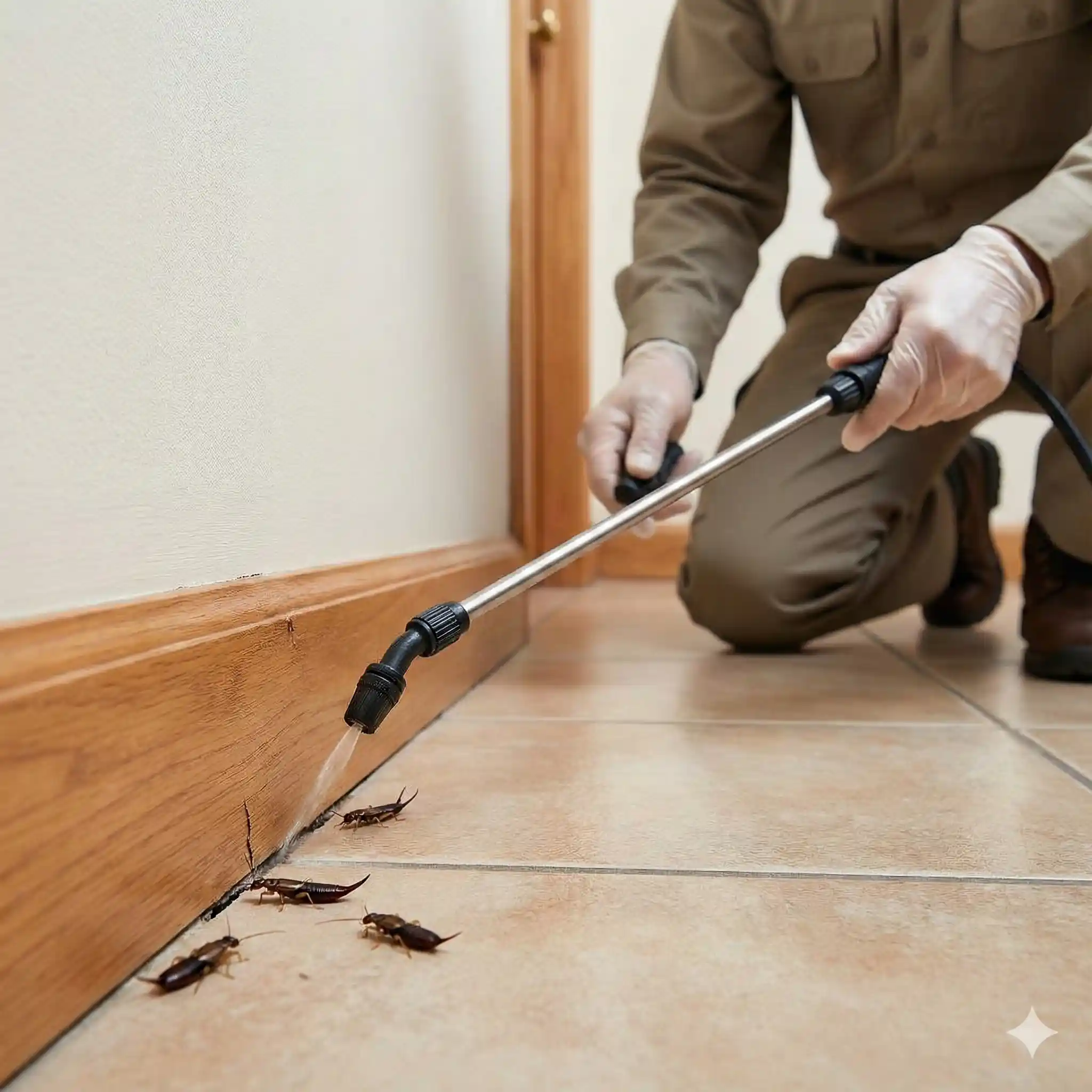 Technician applying targeted treatment to cracks and crevices where earwigs hide during daylight