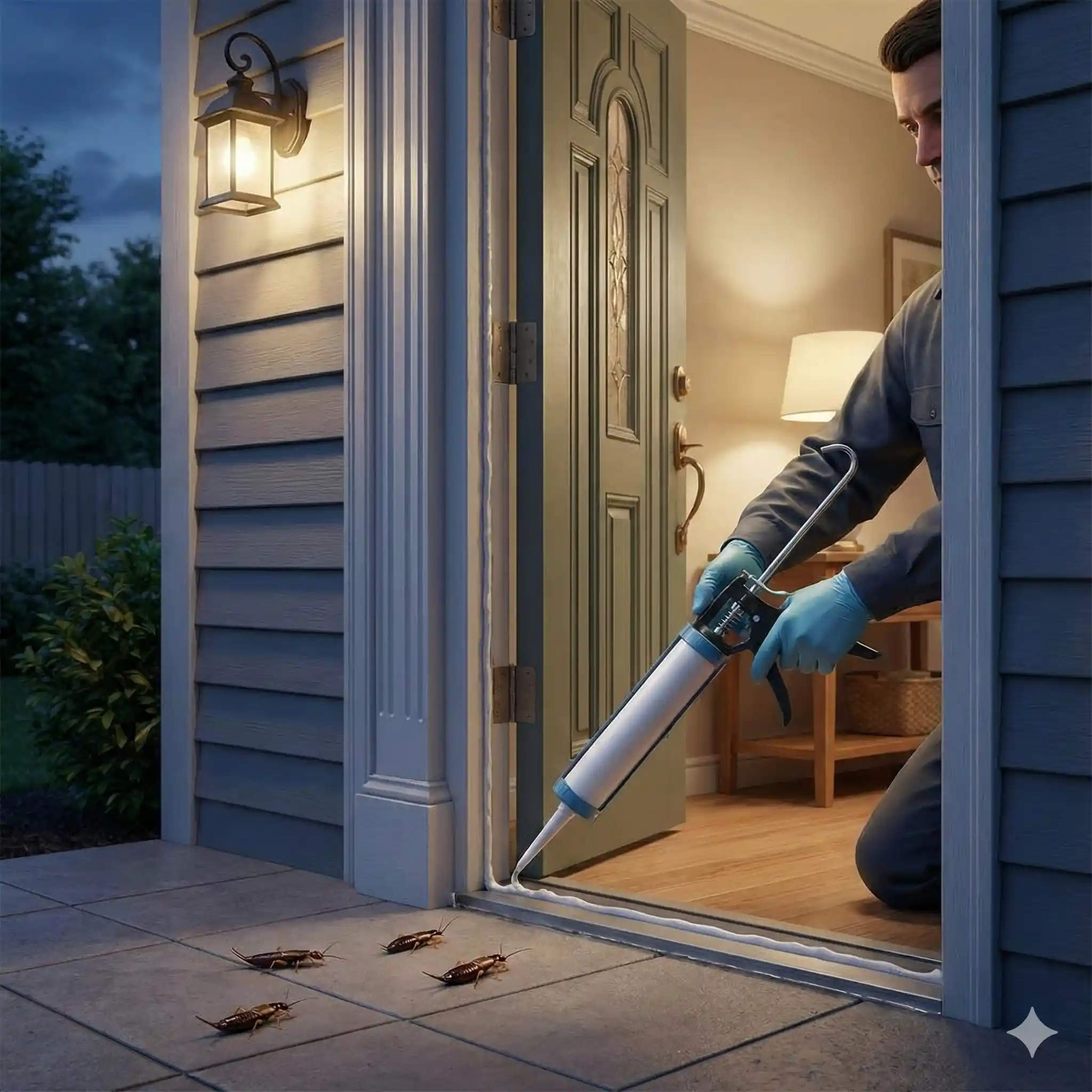 Professional treating door threshold and window frame entry points where earwigs enter at night
