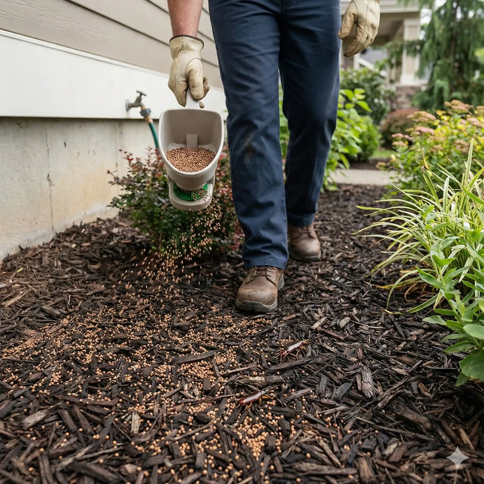 Technician applying granular treatment to landscape areas and mulch beds where earwigs breed