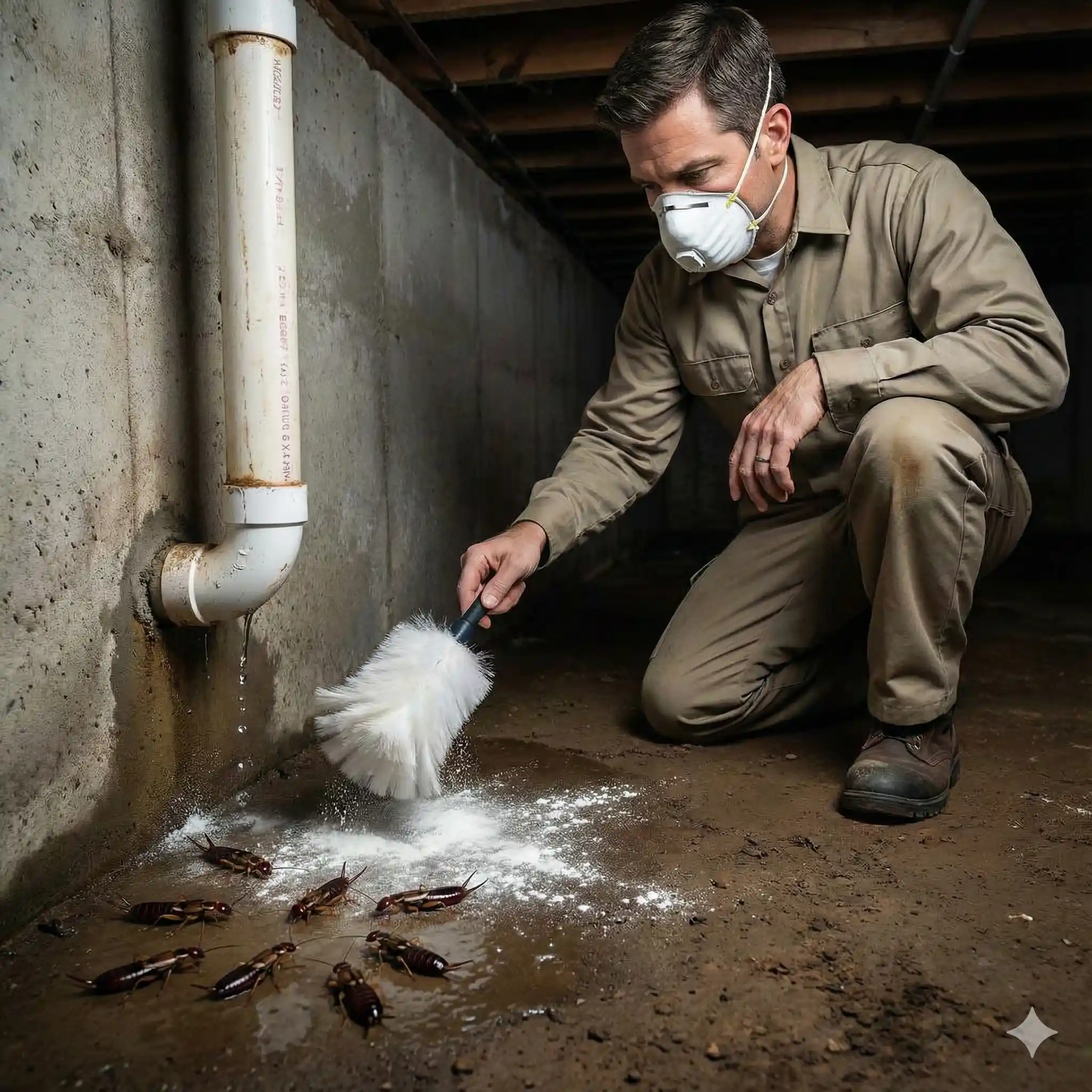 Technician treating damp areas with desiccant dust to eliminate earwigs and reduce moisture