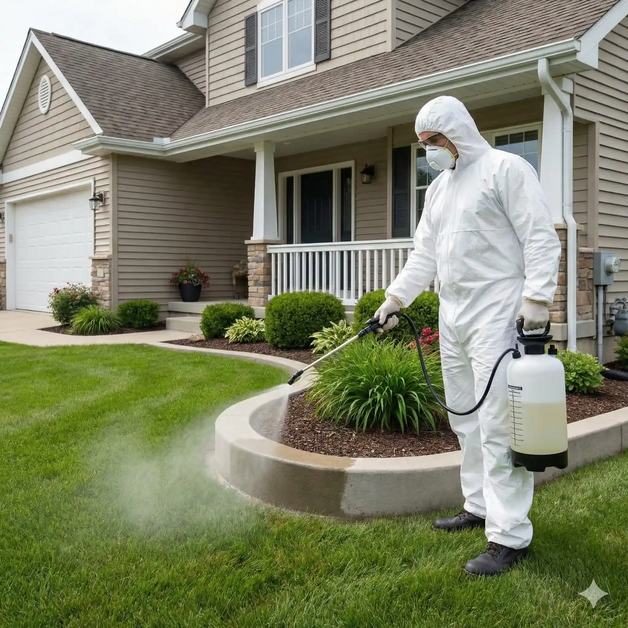 Pest control professional applying perimeter barrier treatment around home foundation