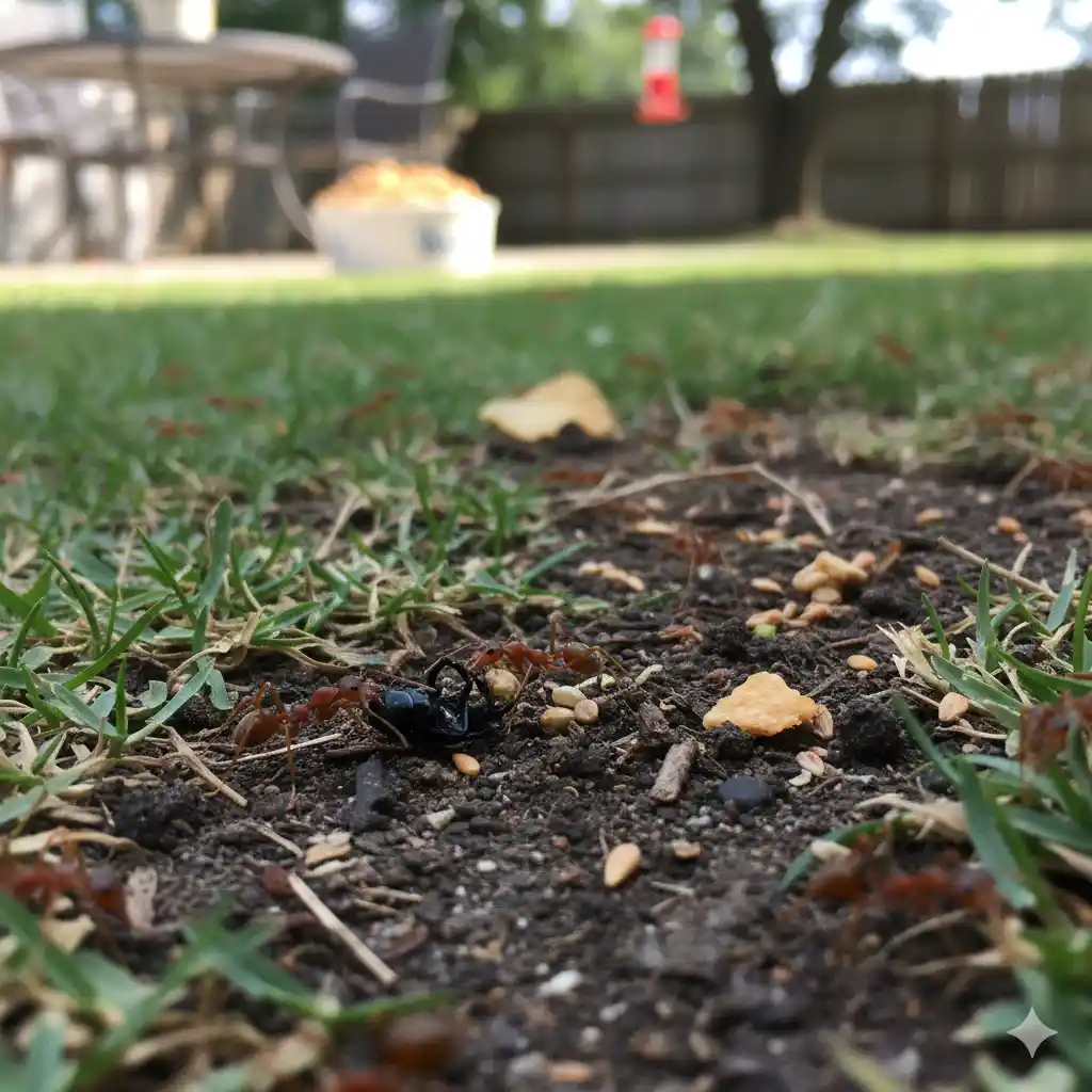 Landscape area with insects and food debris providing fire ant nutrition sources
