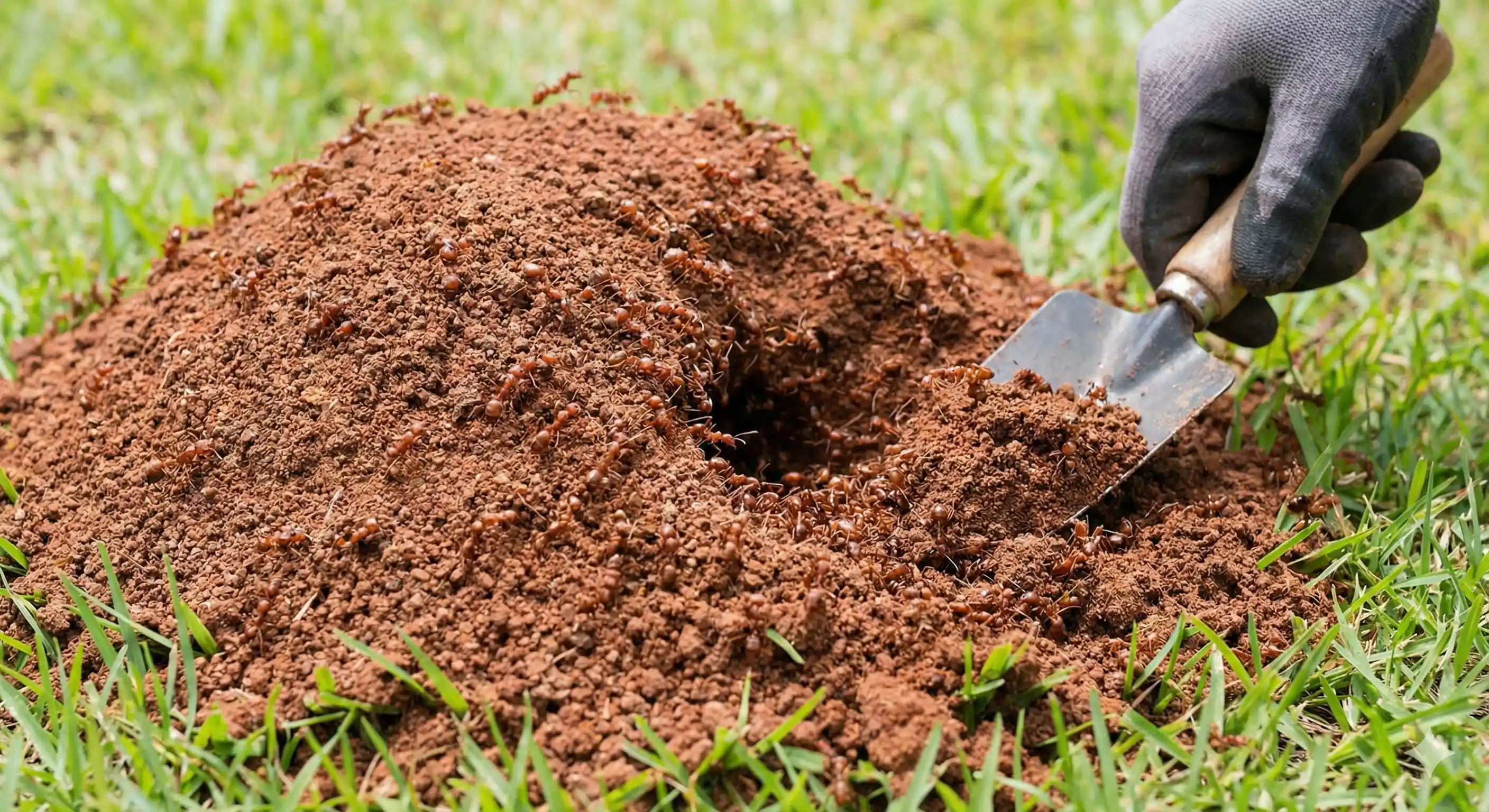 Reddish-brown fire ants swarming aggressively from disturbed mound