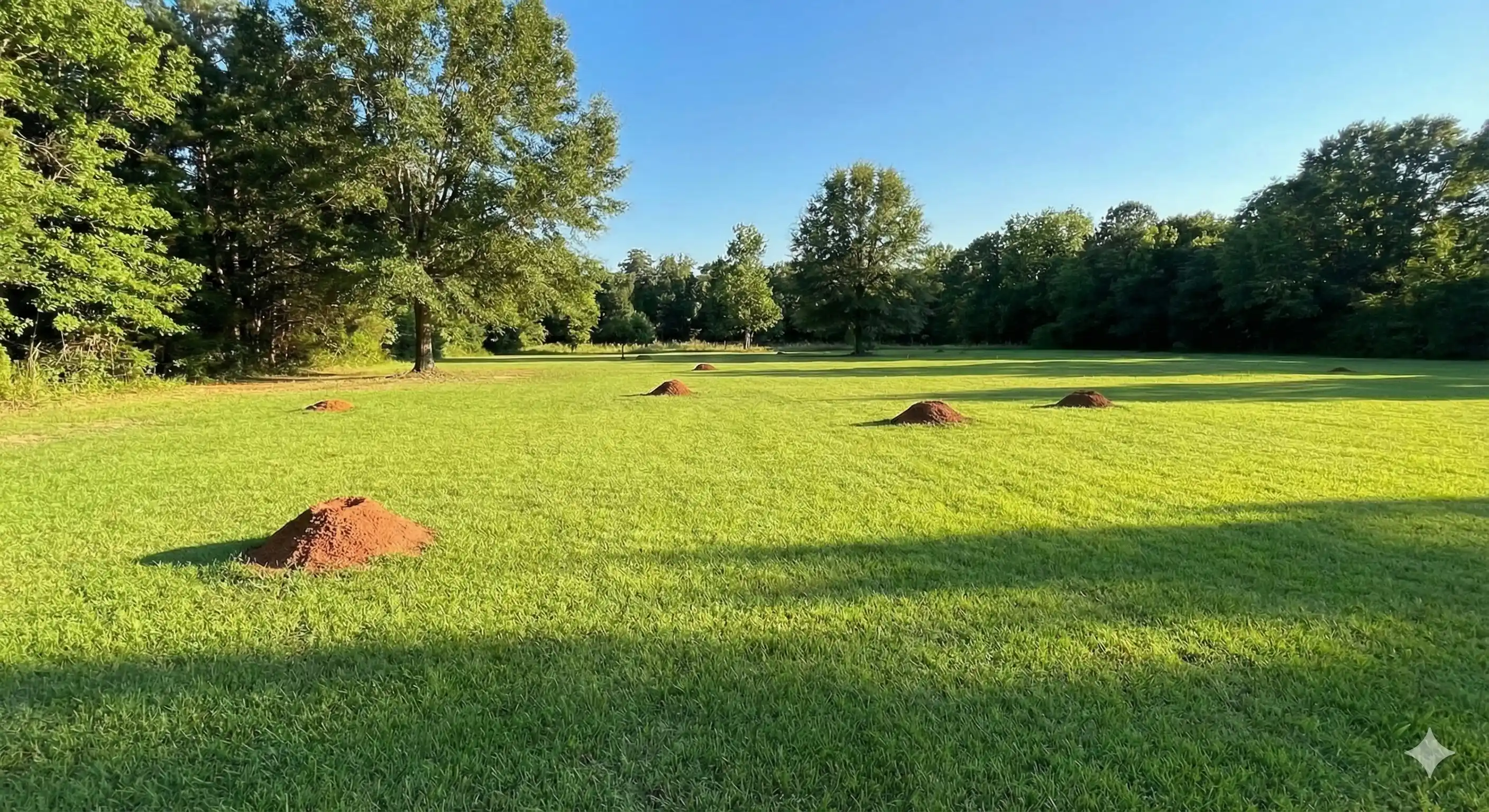 Multiple fire ant mounds visible across sunny lawn indicating interconnected colonies