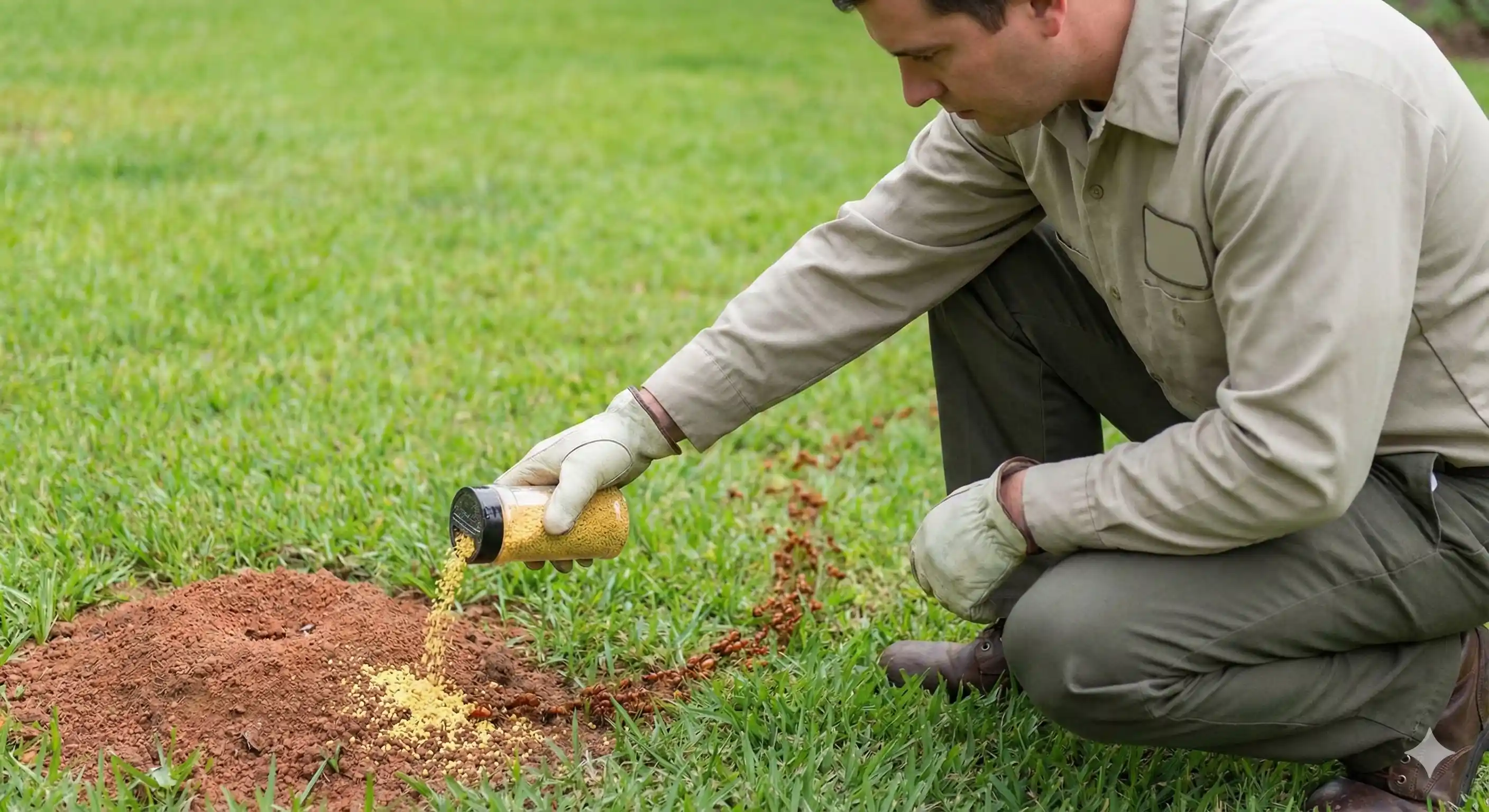 Technician placing strategic fire ant bait near mound and foraging trails