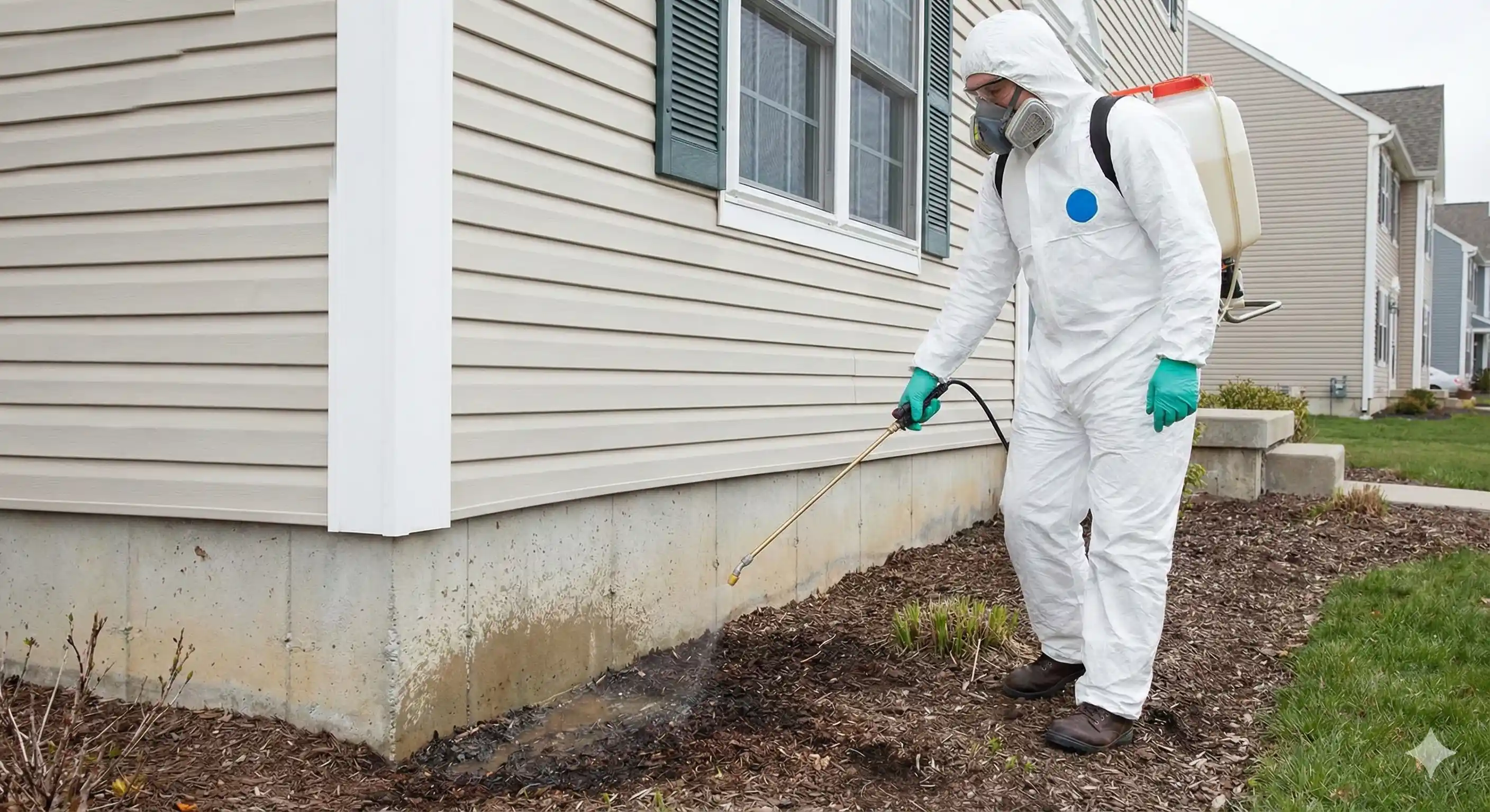Professional applying perimeter barrier treatment around property to prevent fire ant invasion