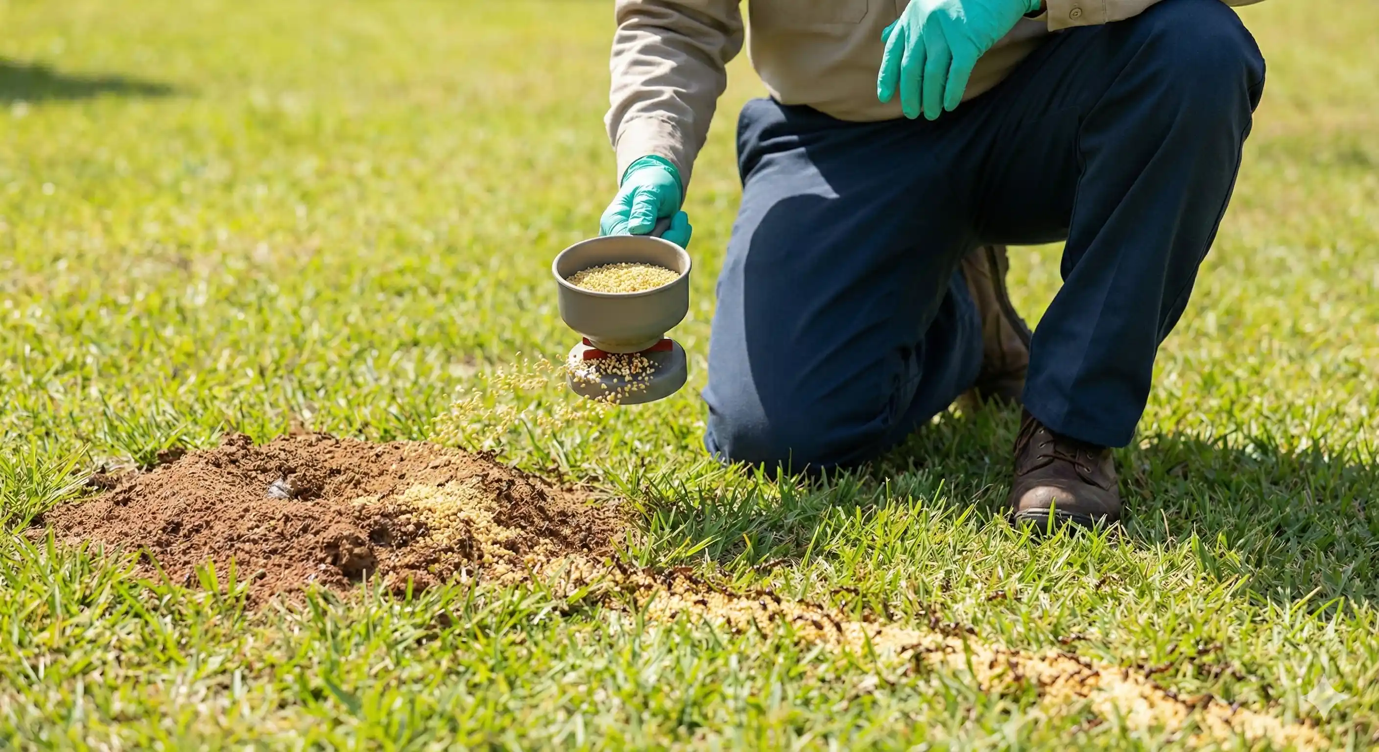 Pest control professional applying broadcast treatment across lawn for fire ant control