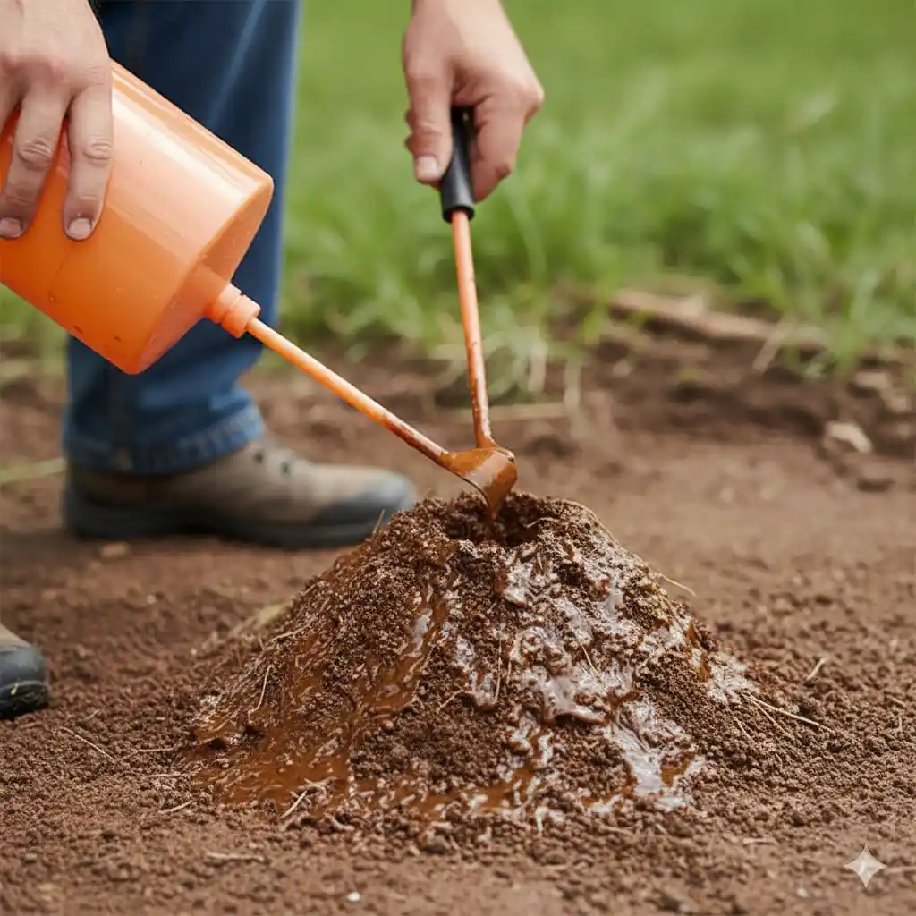Technician applying liquid drench treatment directly to fire ant mound to eliminate colony