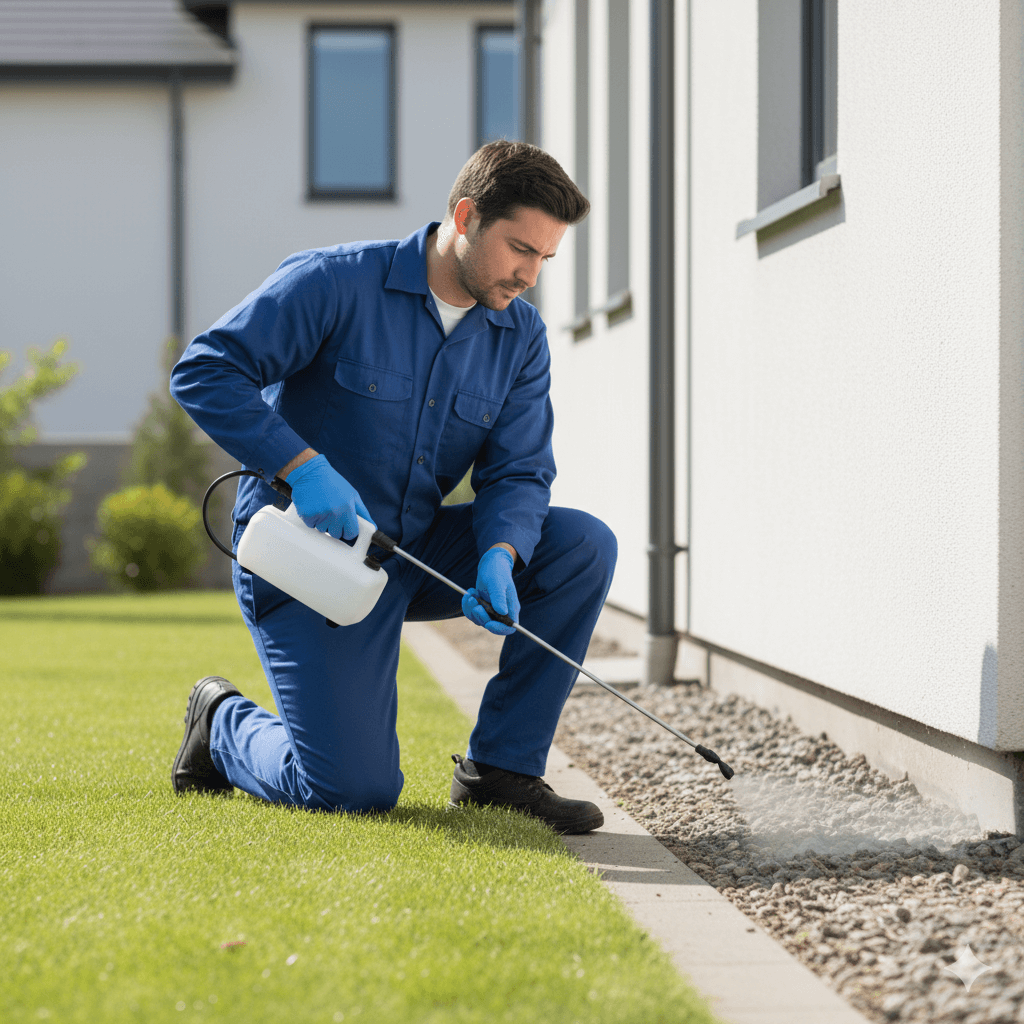 Exterior perimeter flea treatment creating protective barrier around home