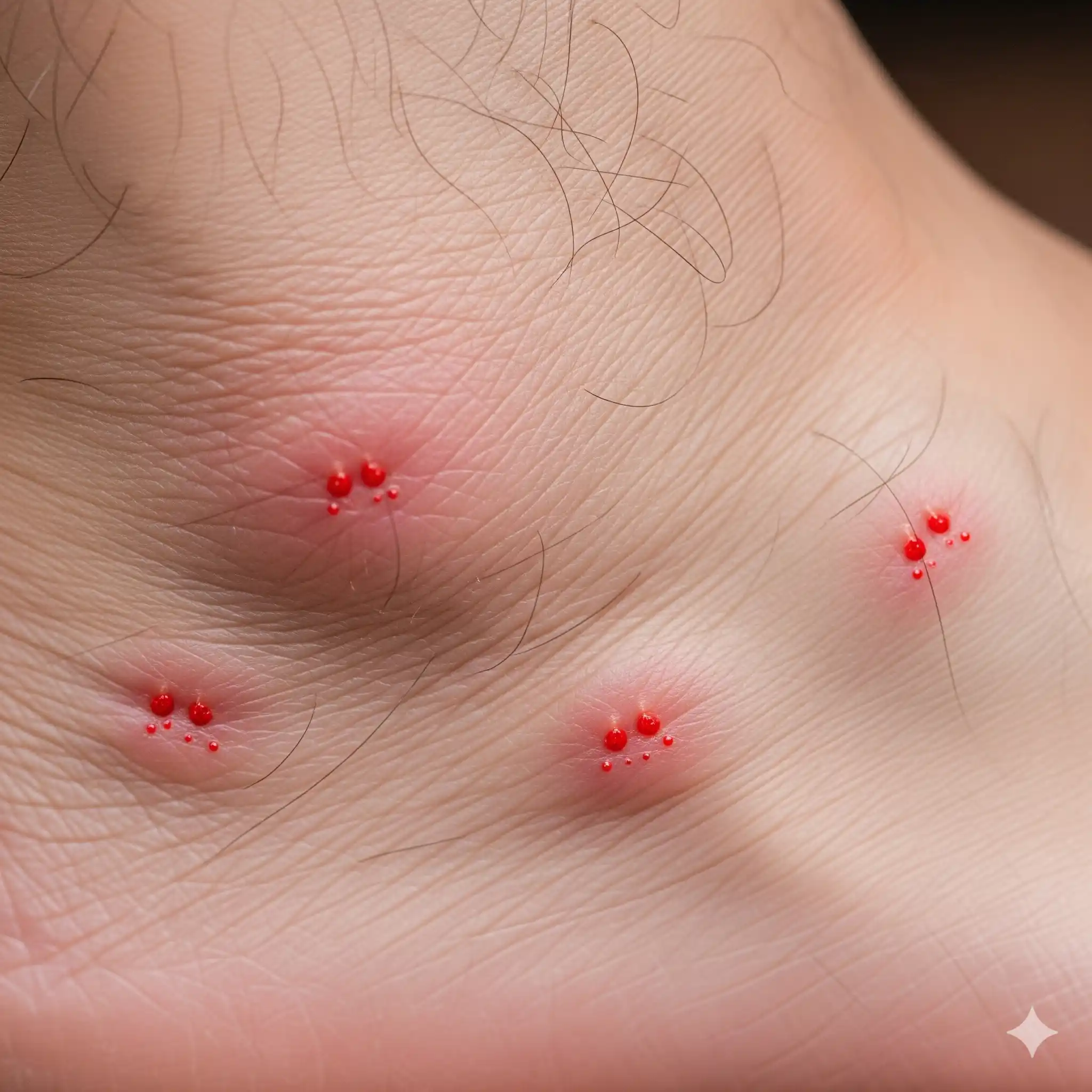 Grouped flea bites on human ankle and lower leg in sets of three