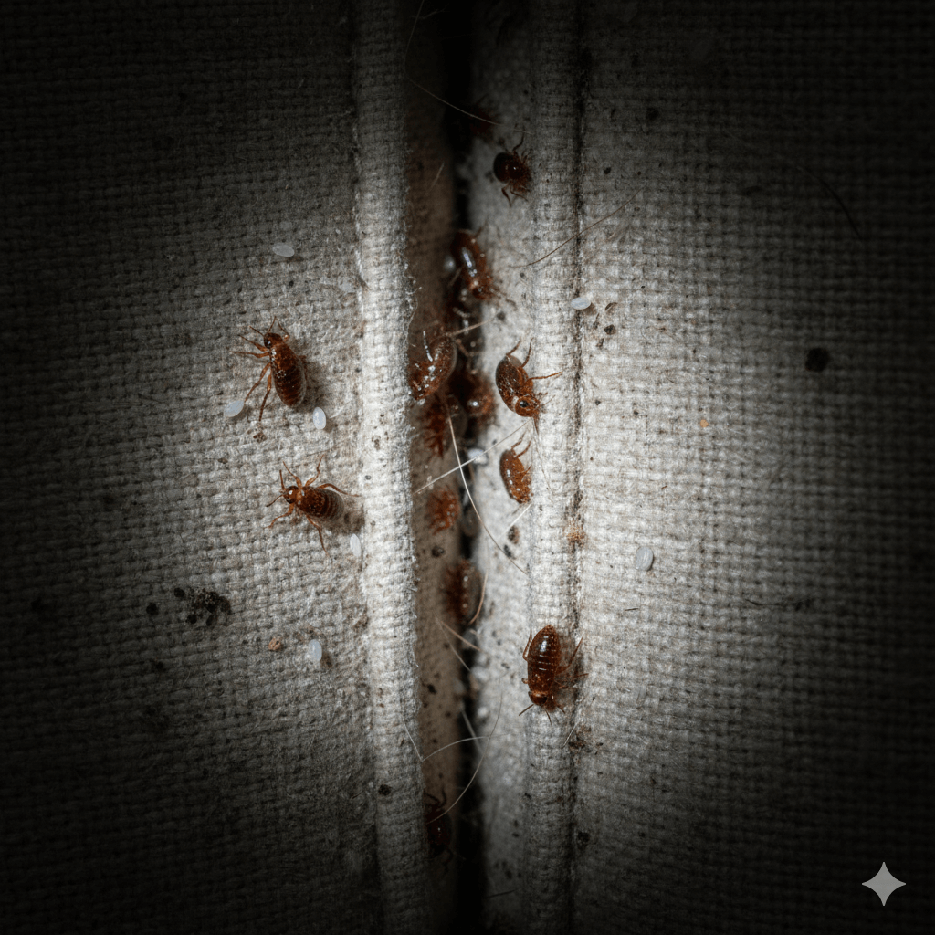 White flea eggs and worm like larvae visible in carpet fibers and pet bedding