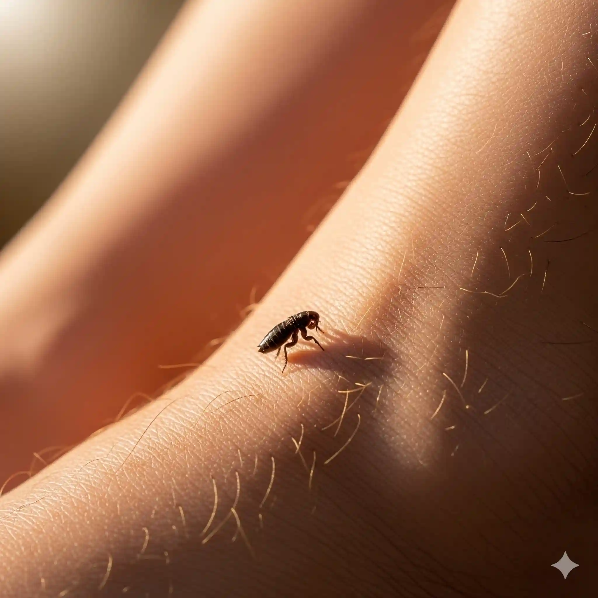 Small dark flea jumping on light colored surface showing characteristic behavior