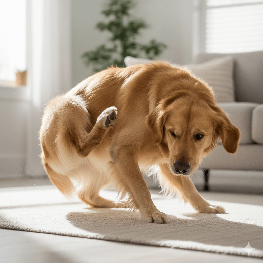 Dog scratching excessively at base of tail showing flea irritation