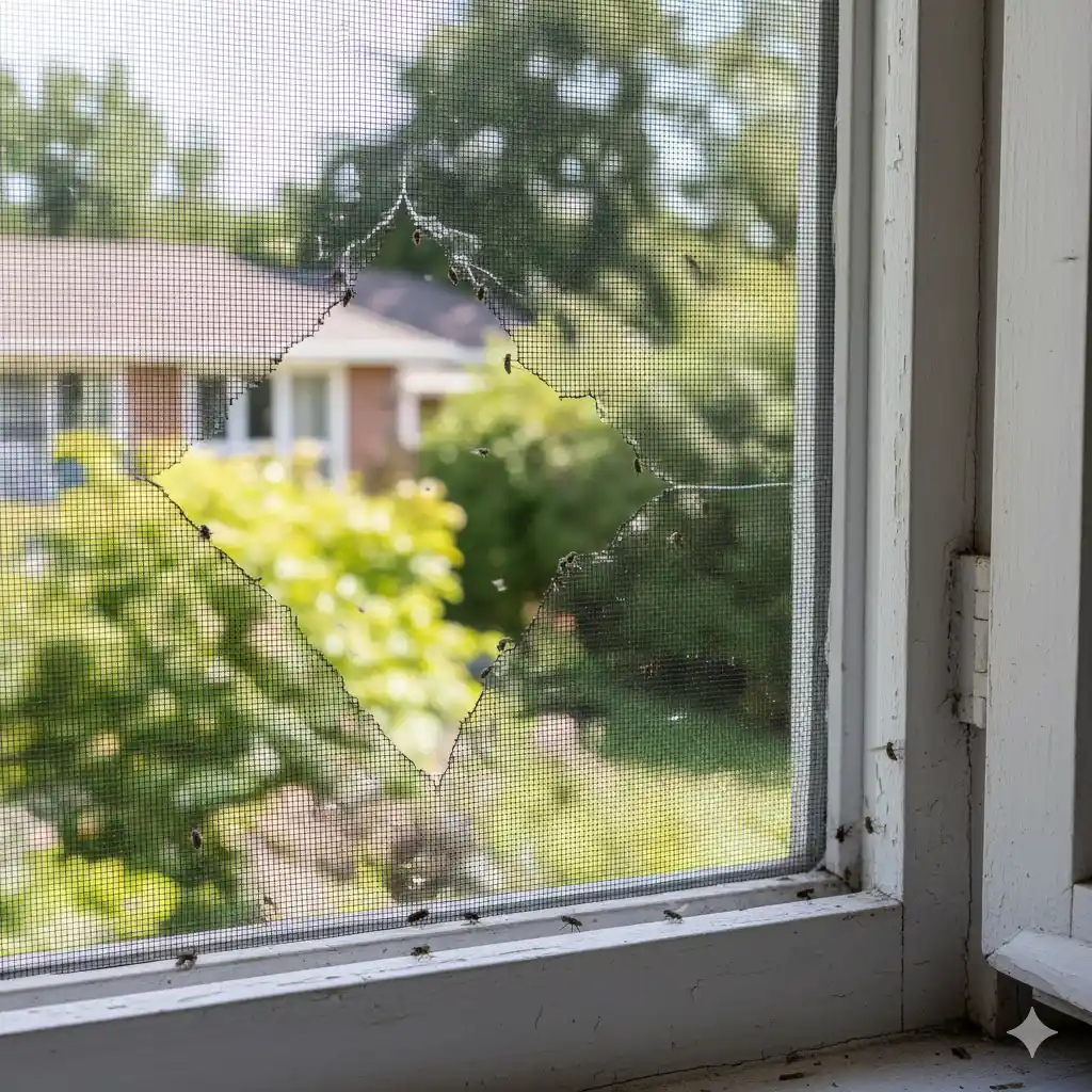 Torn screen and structural gaps providing fly entry points into home