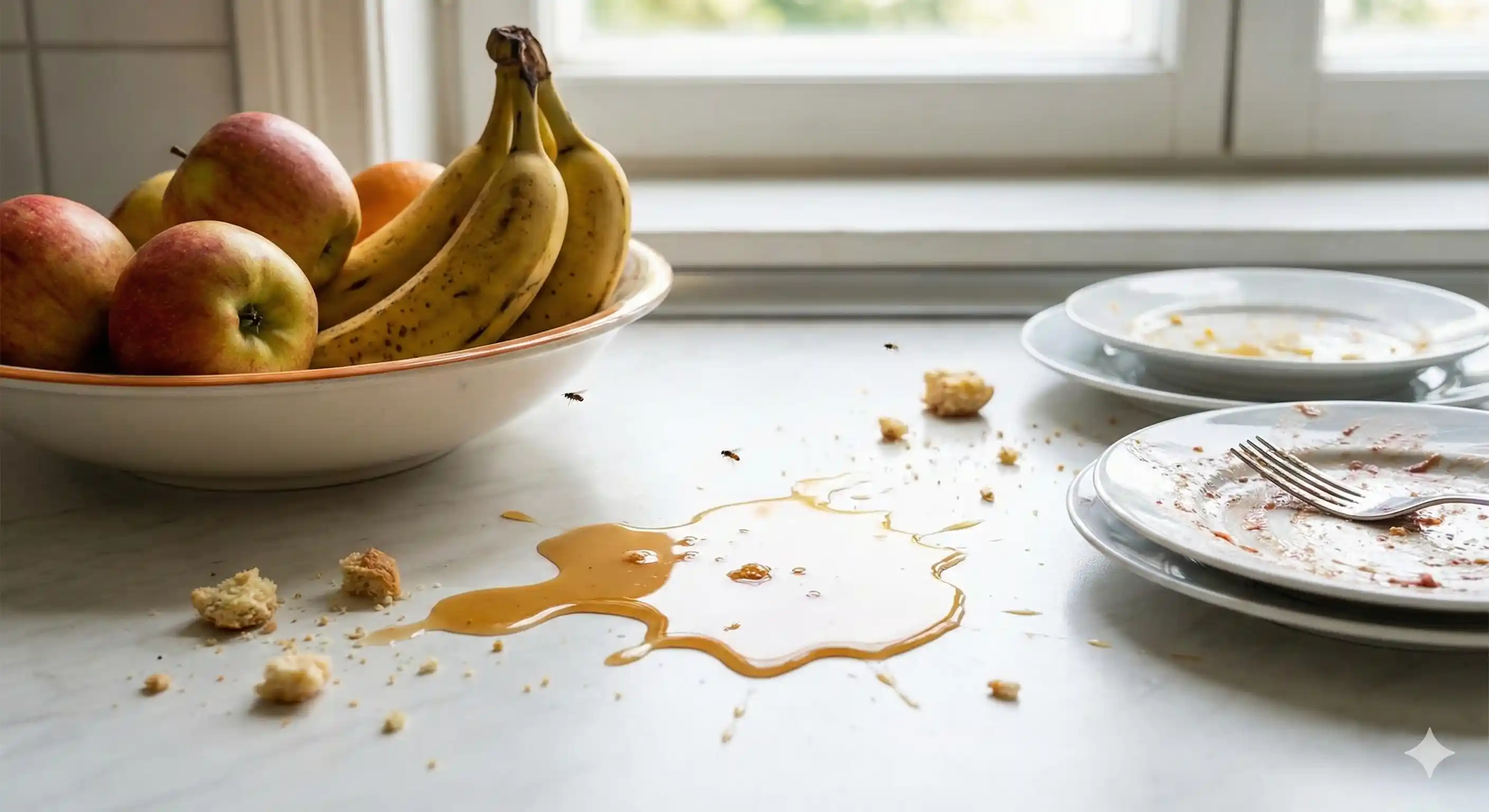 Food preparation area with residues that attract flies to kitchens