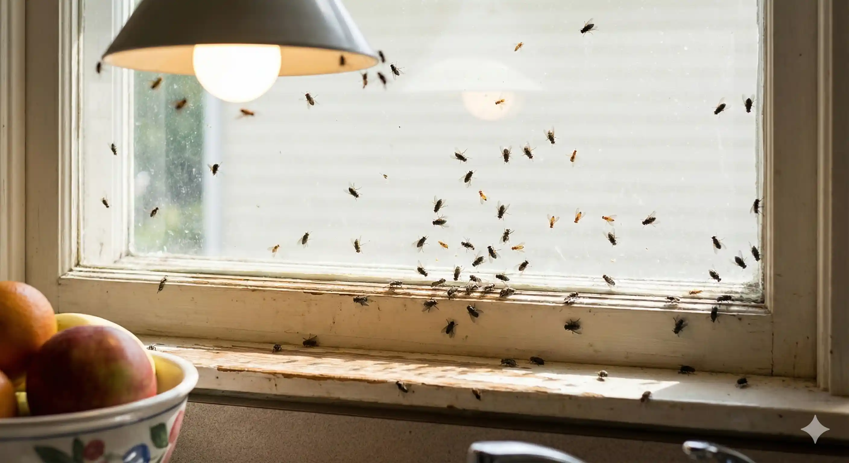 Multiple adult flies gathering near window and light fixture indicating infestation