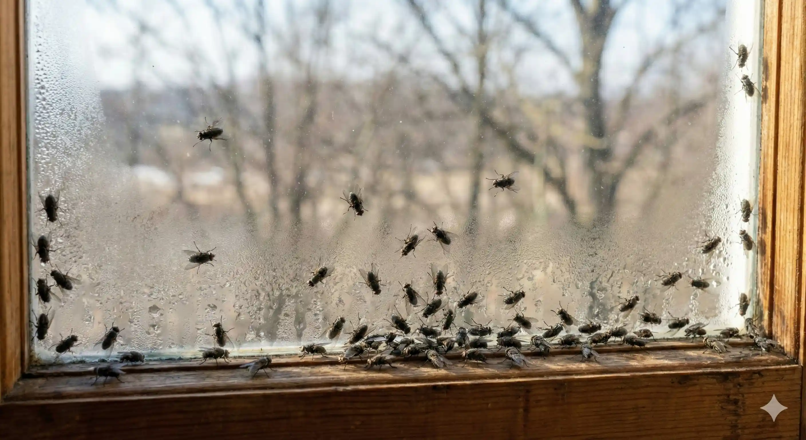 Cluster flies gathering on window during seasonal emergence