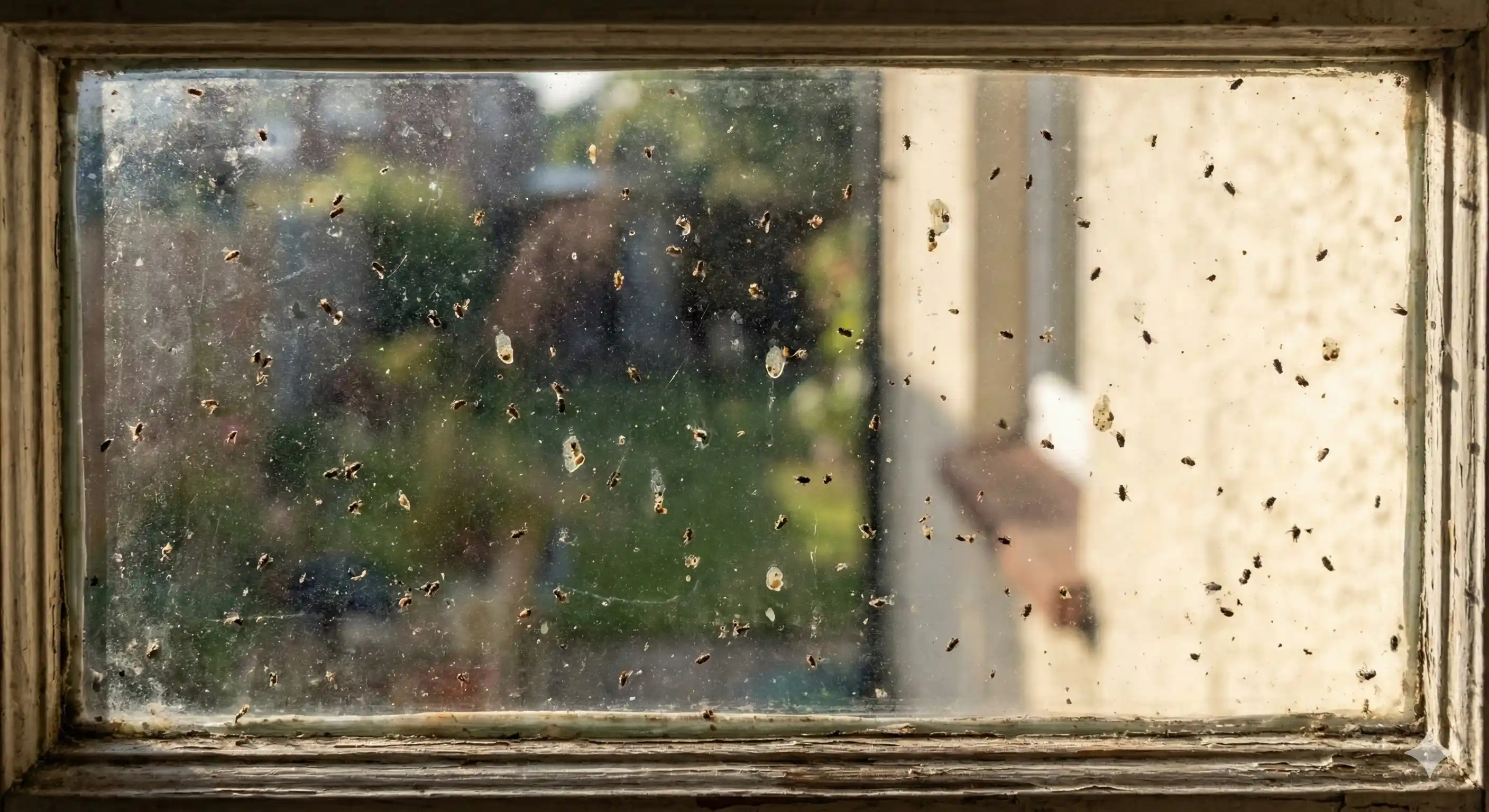 Dark fly specks on window or wall surface indicating fly activity