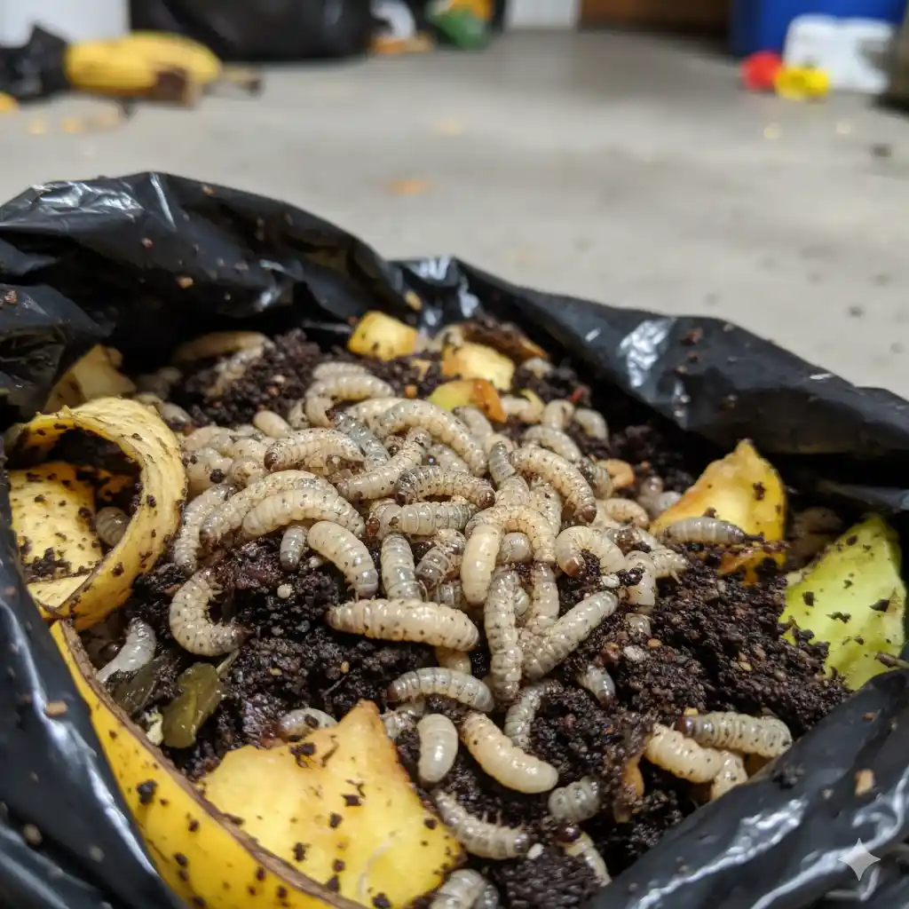 Fly larvae maggots in decaying organic material indicating breeding site